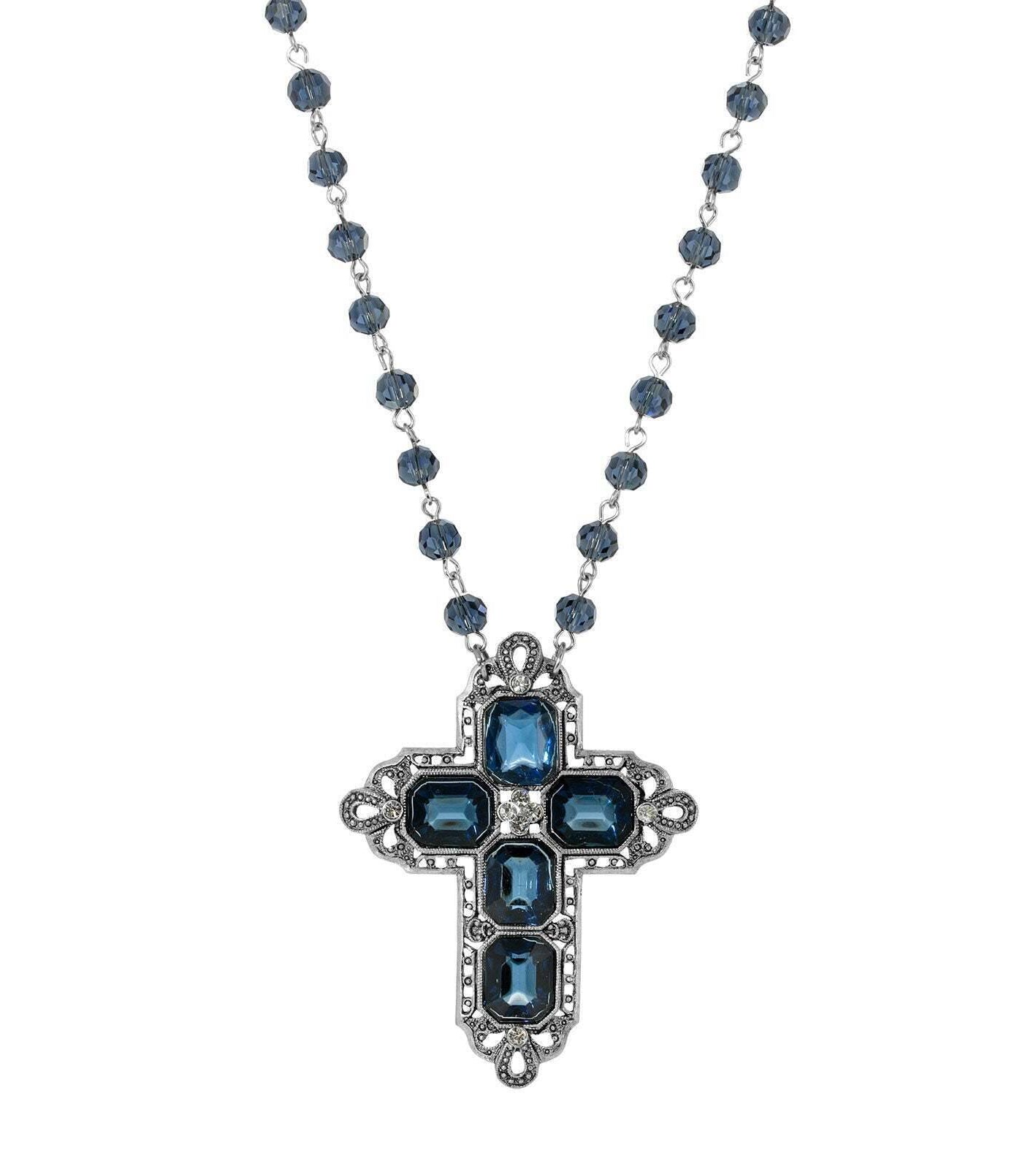 1928 Jewelry Antiqued Pewter Octagon Dark Blue German Glass Stones And Beaded Cross Necklace 16" + 3" Extender