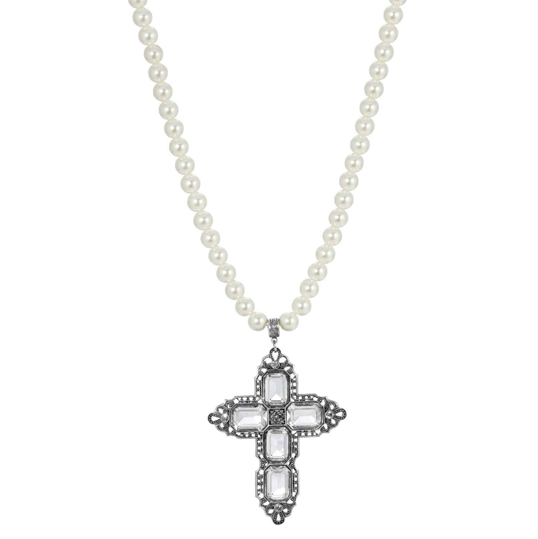 Symbols Of Faith Octagon Stone Cross Pendant 10mm Faux Pearl Strand Necklace 18" + 3" Extender
