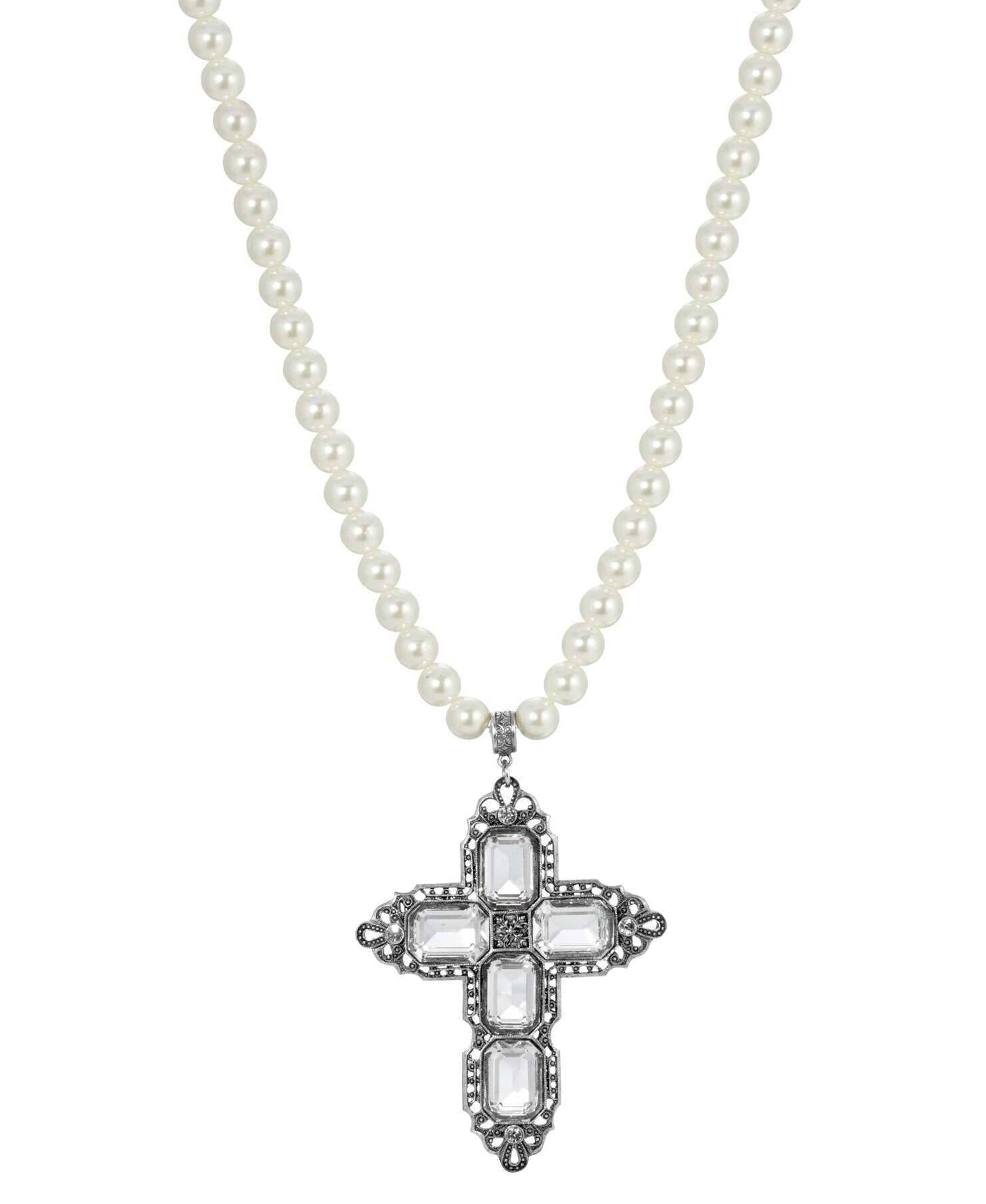 Symbols Of Faith Octagon Stone Cross Pendant 10mm Faux Pearl Strand Necklace 18" + 3" Extender