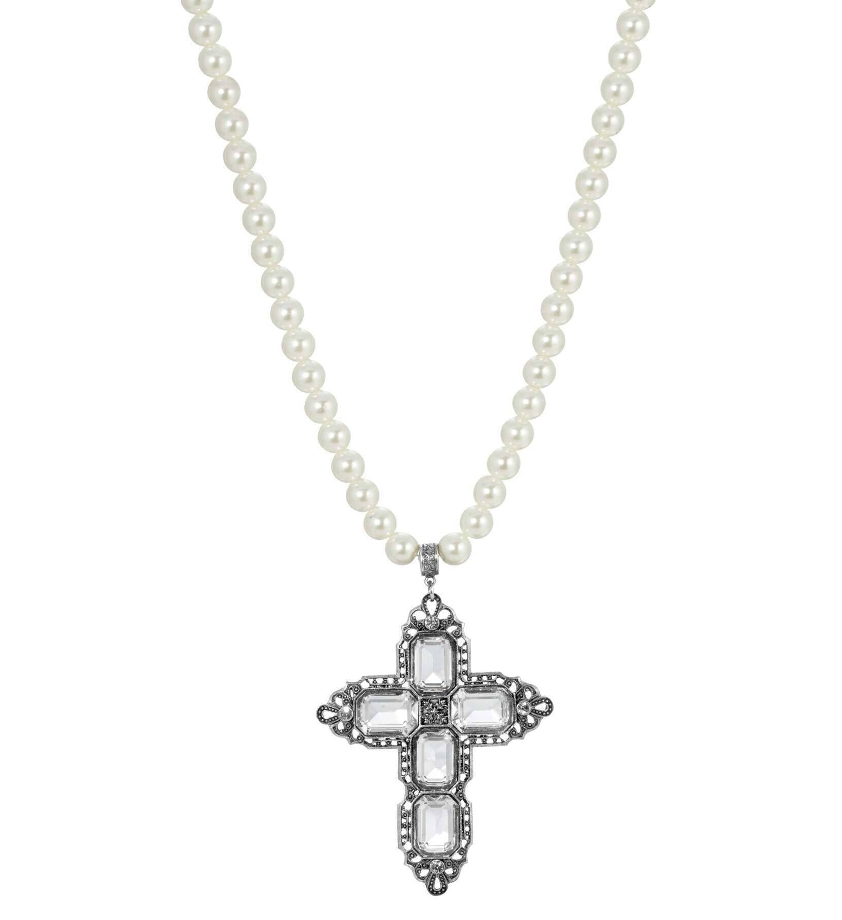 Symbols Of Faith Octagon Stone Cross Pendant 10mm Faux Pearl Strand Necklace 18" + 3" Extender