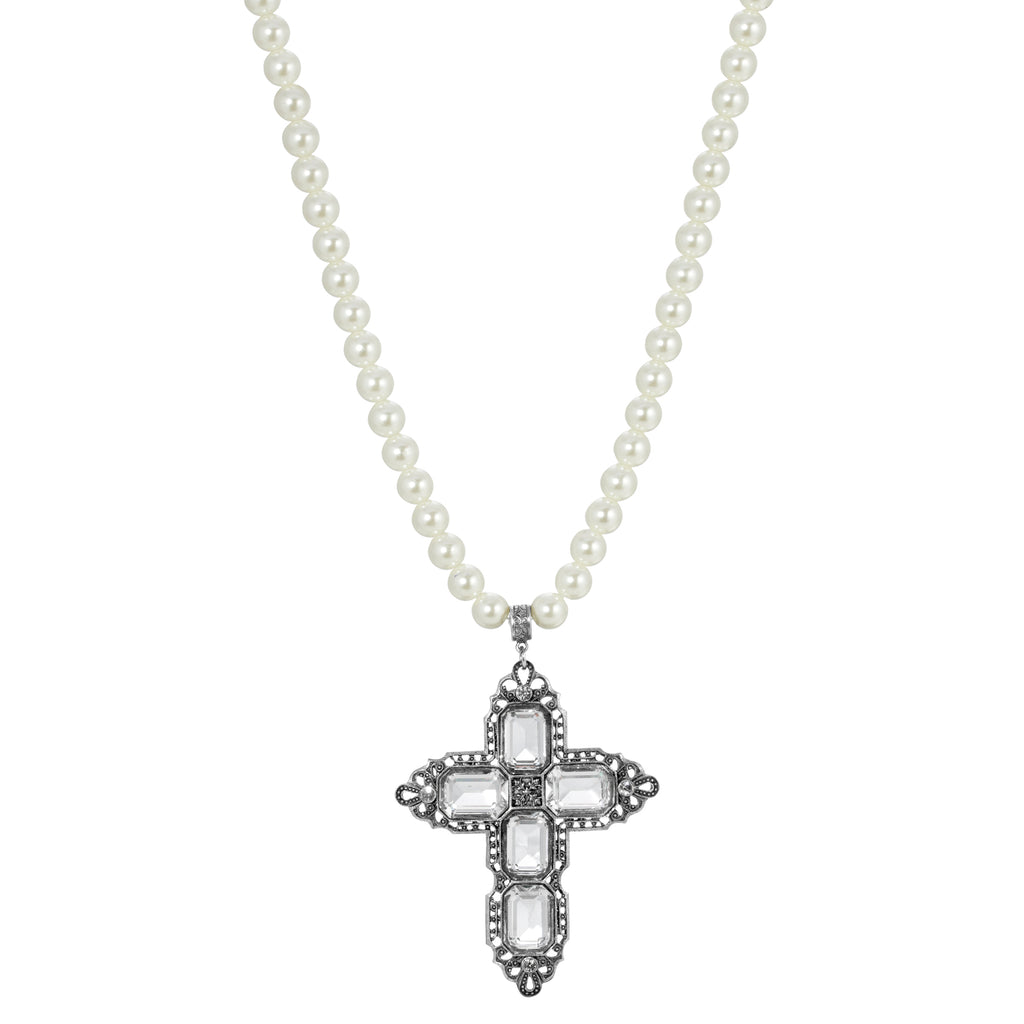 Octagon Stone Cross Pendant Faux Pearl Strand Necklace 18" + 3" Extender