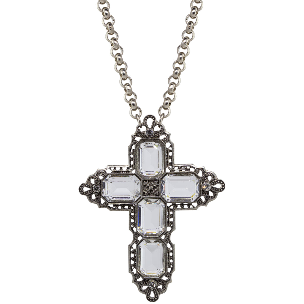 Octagon Stone Cross Pendant Necklace 18" + 3" Extender