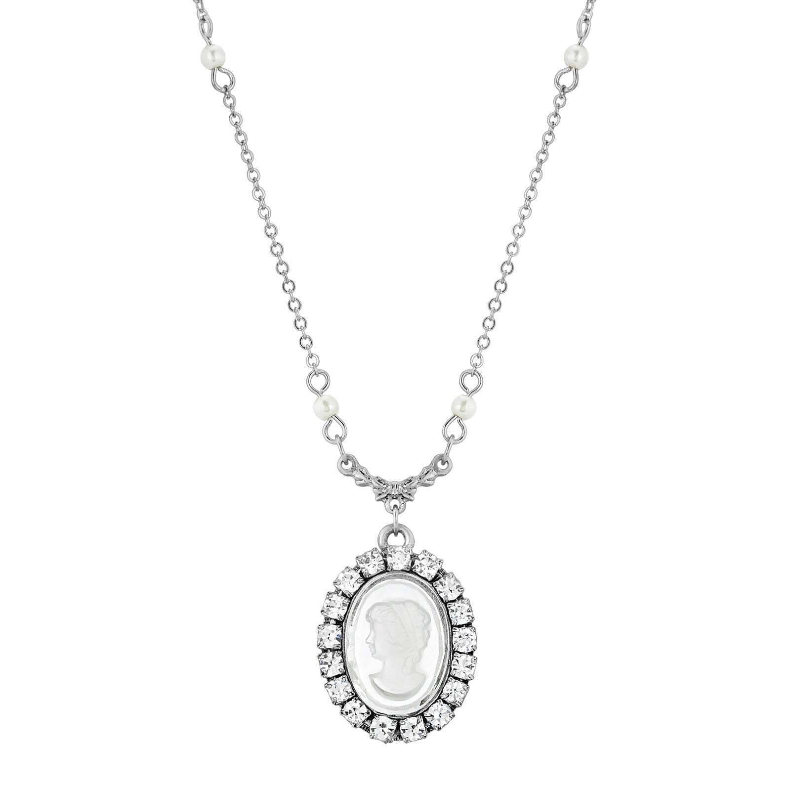 1928 Jewelry Elenor Oval Intaglio Crystal White Faux Pearl Pendant Necklace 16" + 3" Extender