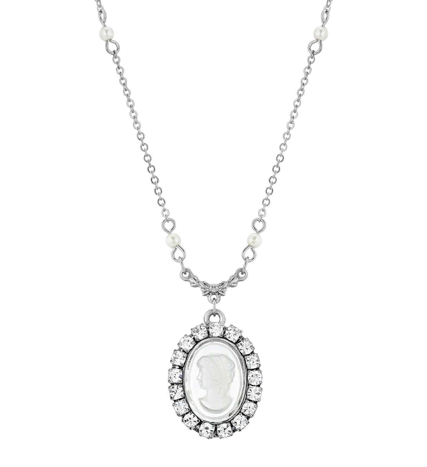 1928 Jewelry Elenor Oval Intaglio Crystal White Faux Pearl Pendant Necklace 16" + 3" Extender