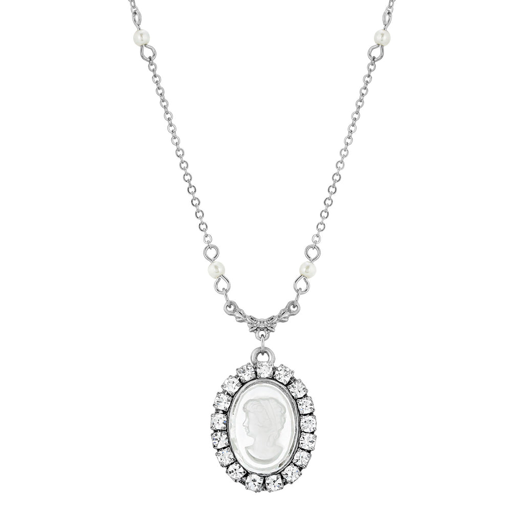 Elenor Oval Intaglio Cameo Crystal White Faux Pearl Necklace 16" + 3" Extender