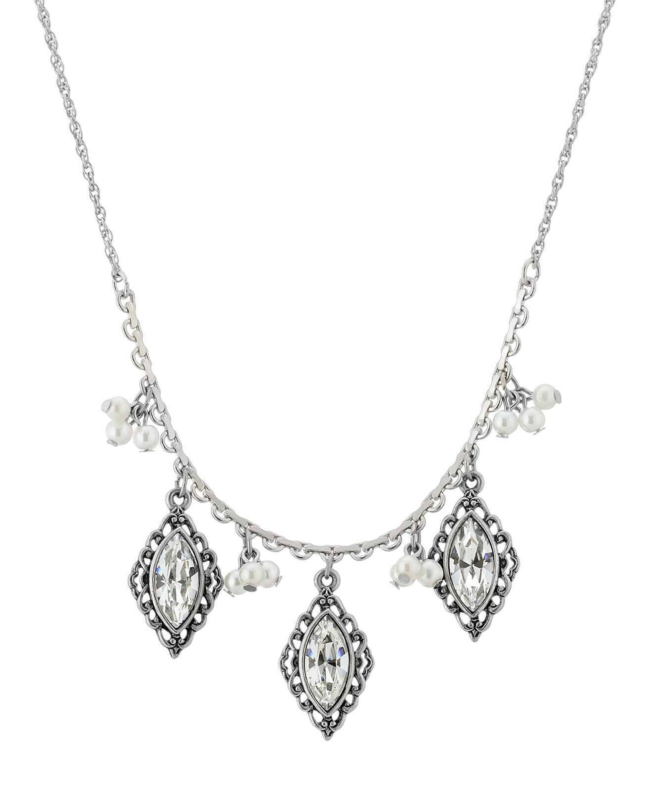 1928 Jewelry Antiqued Navette Crystals Faux Pearl Clusters Necklace 16" + 3" Extender