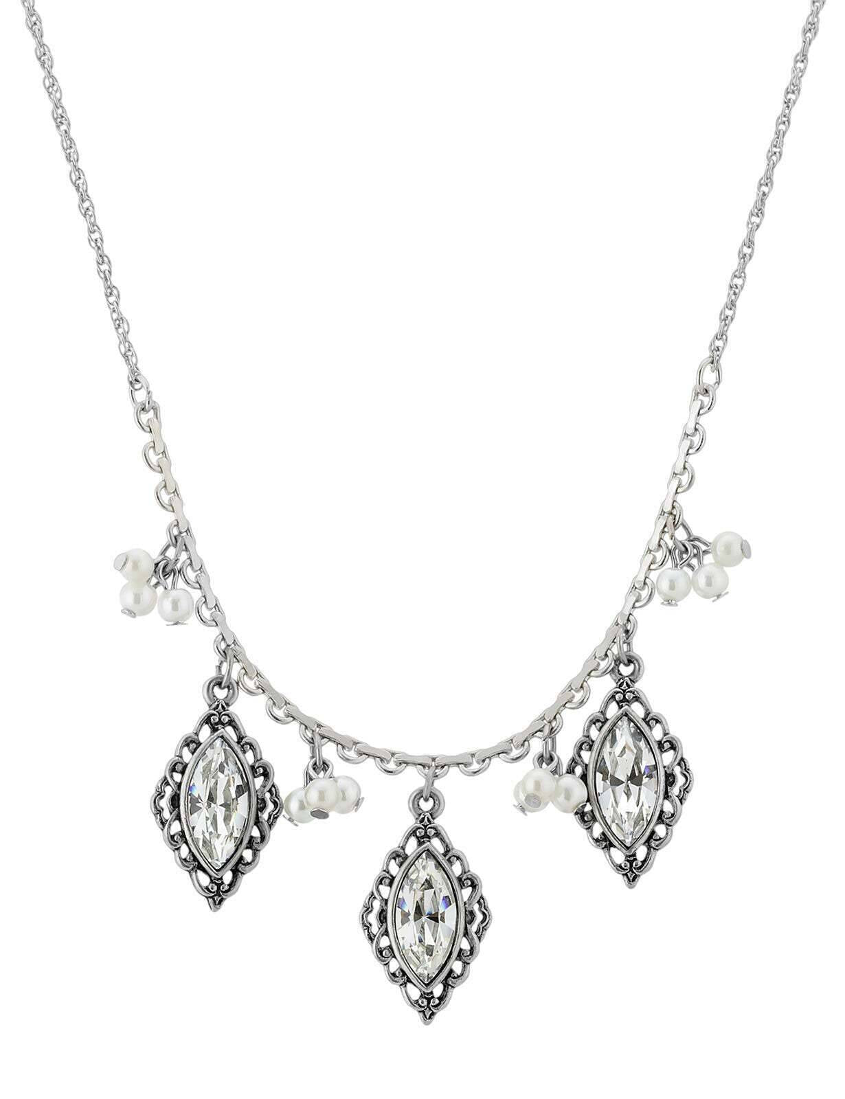 1928 Jewelry Antiqued Navette Crystals Faux Pearl Clusters Necklace 16" + 3" Extender