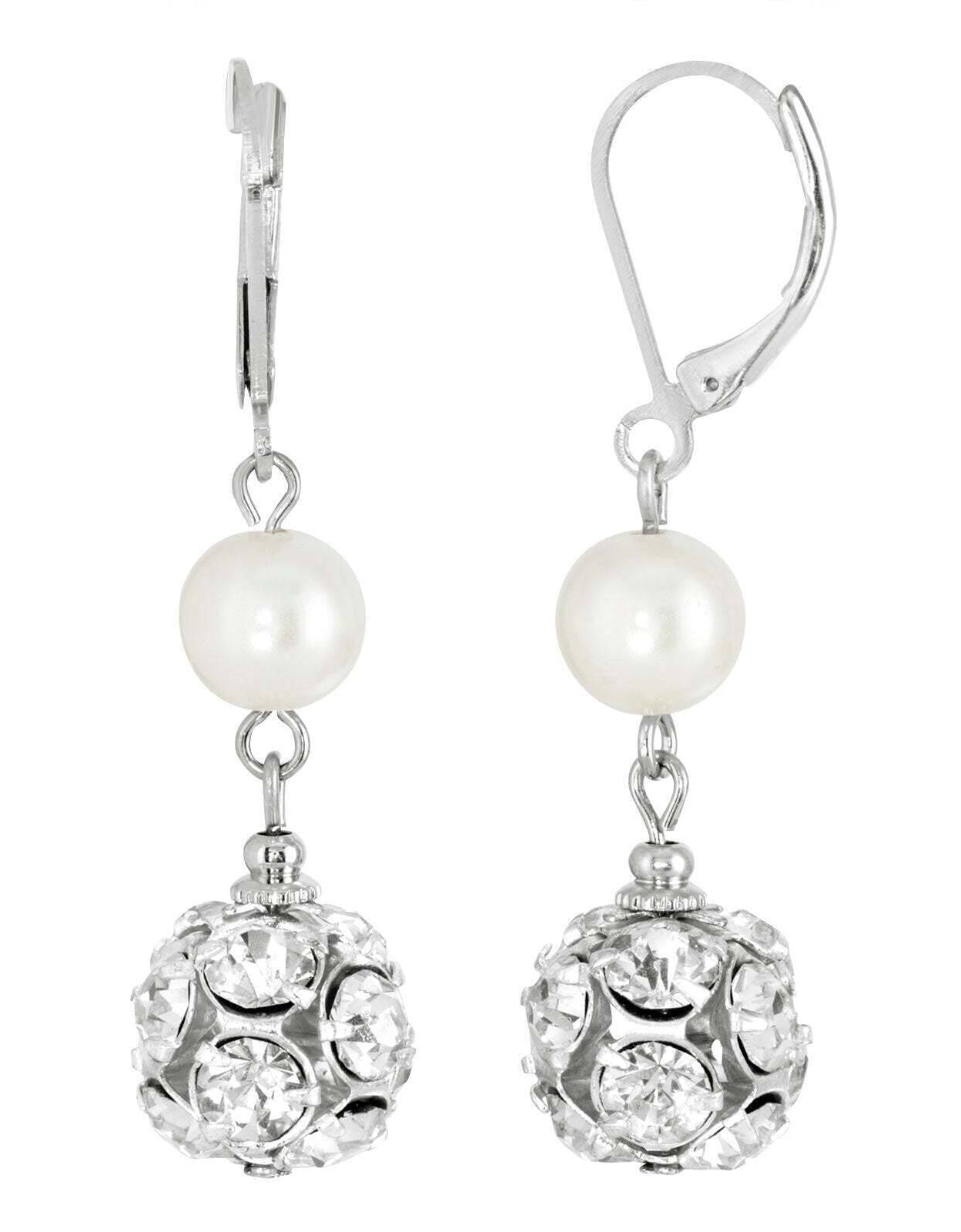 1928 Jewelry Crystal Clear Fireball White Faux Pearl Drop Earrings