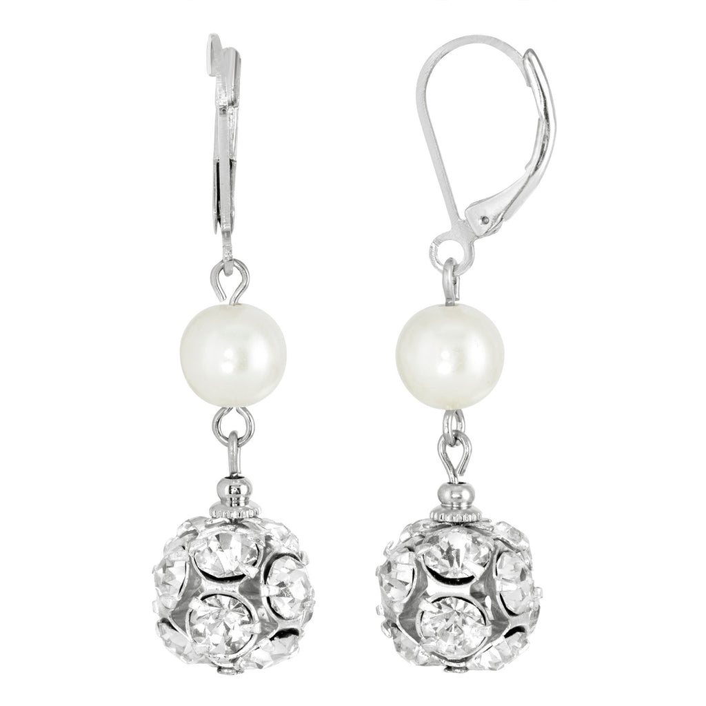 Crystal Clear Fireball White Faux Pearl Drop Earrings