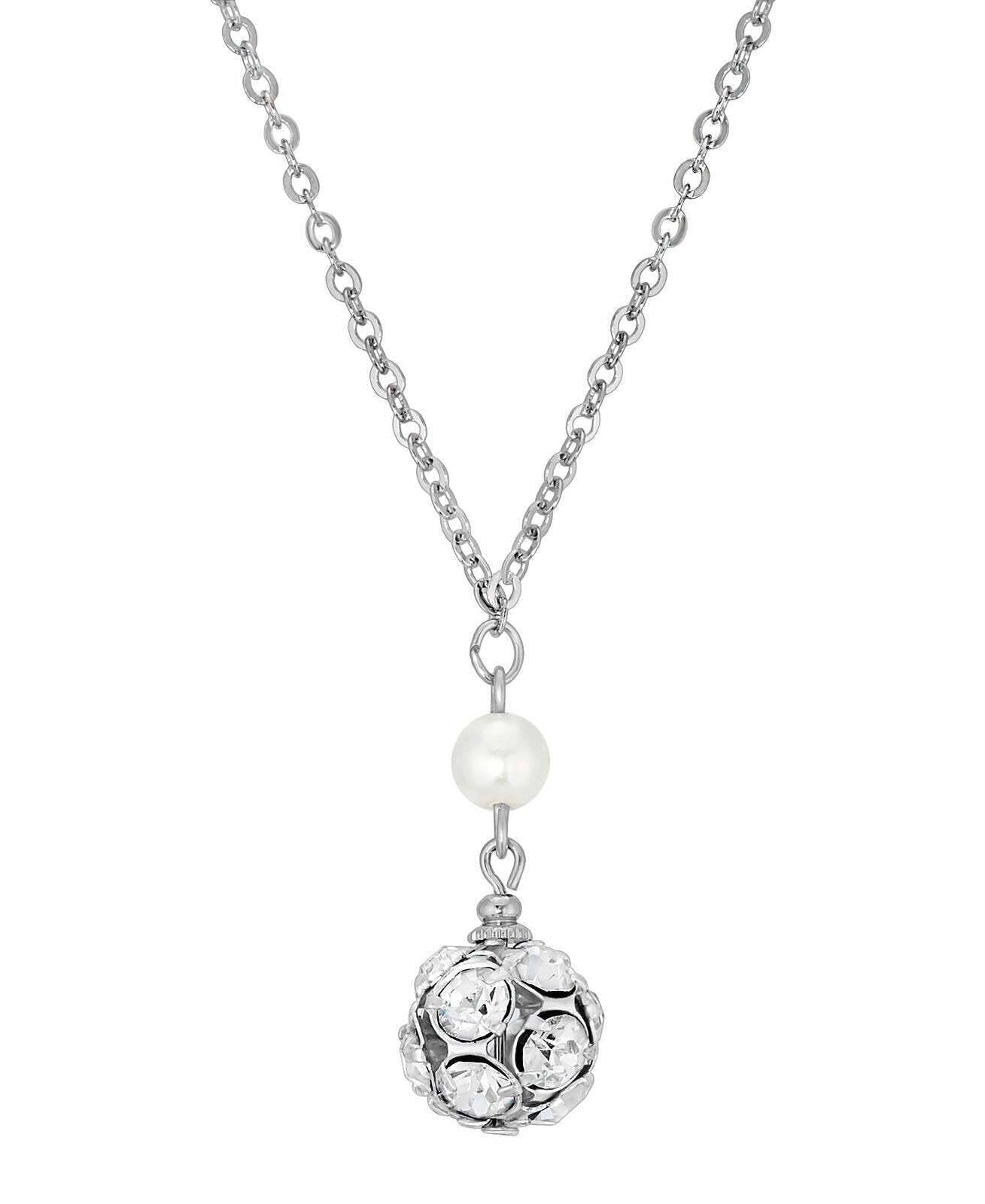 1928 Jewelry White Faux Pearl And Crystal Fireball Drop Necklace 16" + 3" Extender