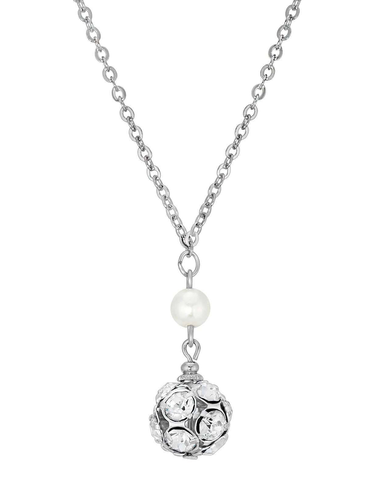 1928 Jewelry White Faux Pearl And Crystal Fireball Drop Necklace 16" + 3" Extender