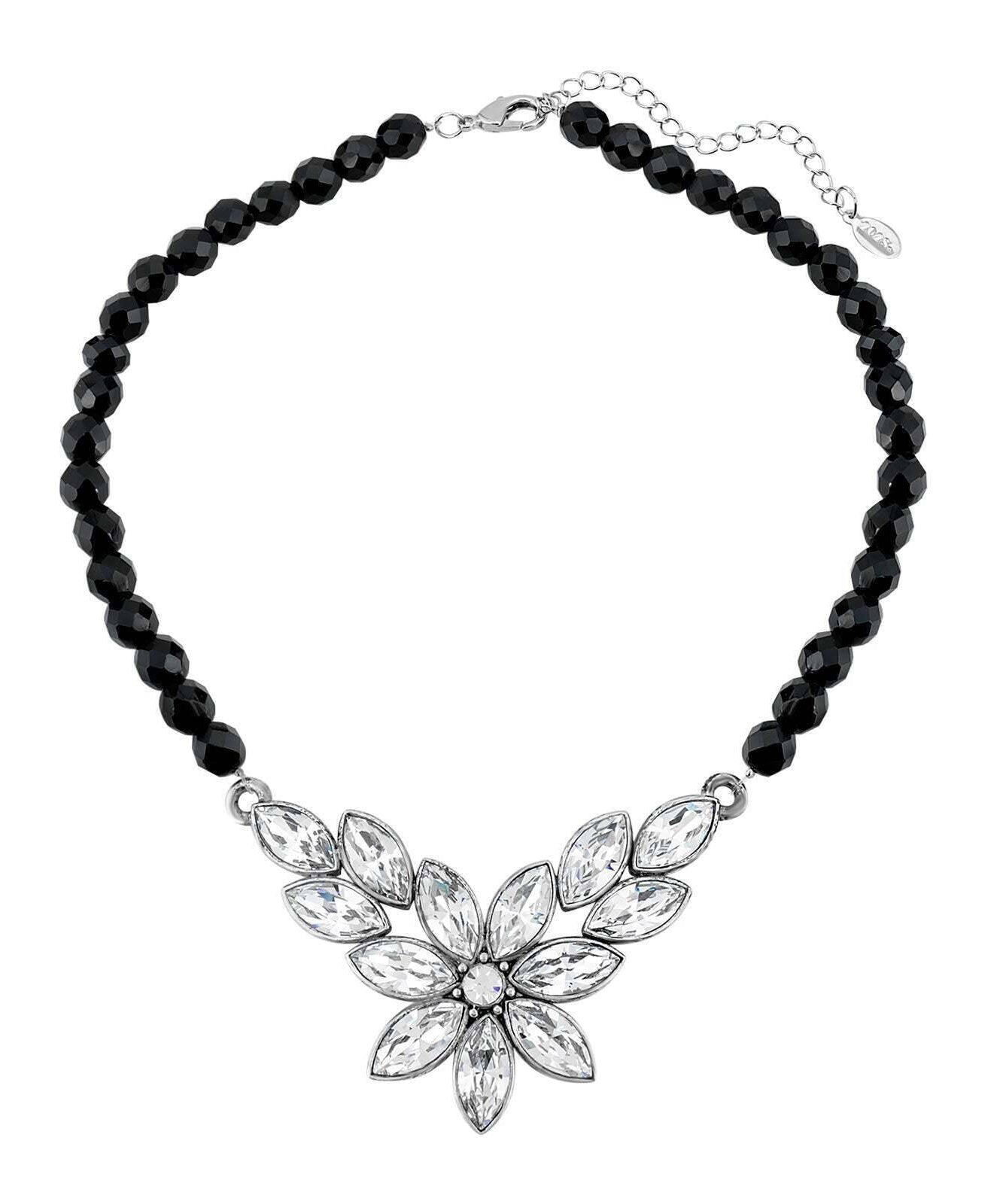 1928 Jewelry Austrian Crystal Flower & Black Glass Beaded Necklace 15 - 18" Adjustable