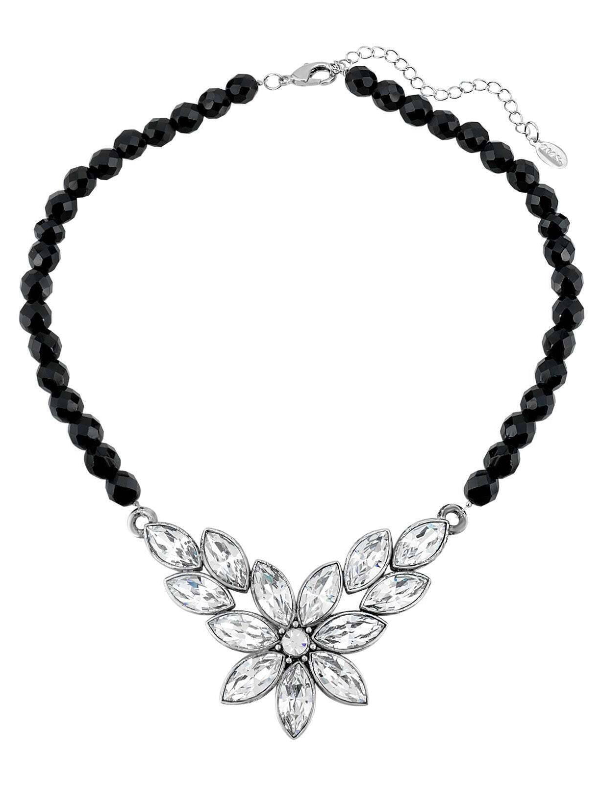 1928 Jewelry Austrian Crystal Flower & Black Glass Beaded Necklace 15 - 18" Adjustable