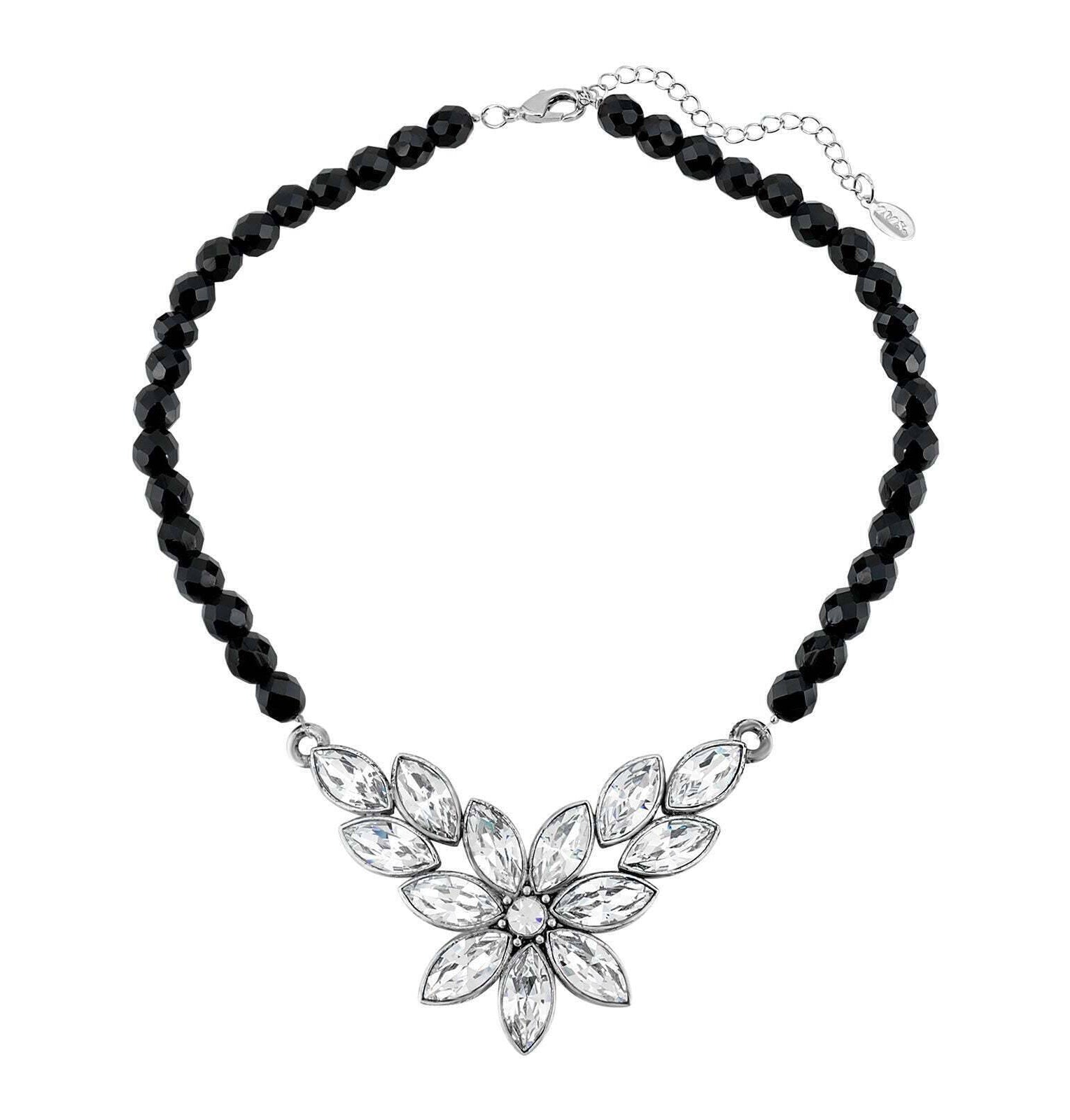 1928 Jewelry Austrian Crystal Flower & Black Glass Beaded Necklace 15 - 18" Adjustable