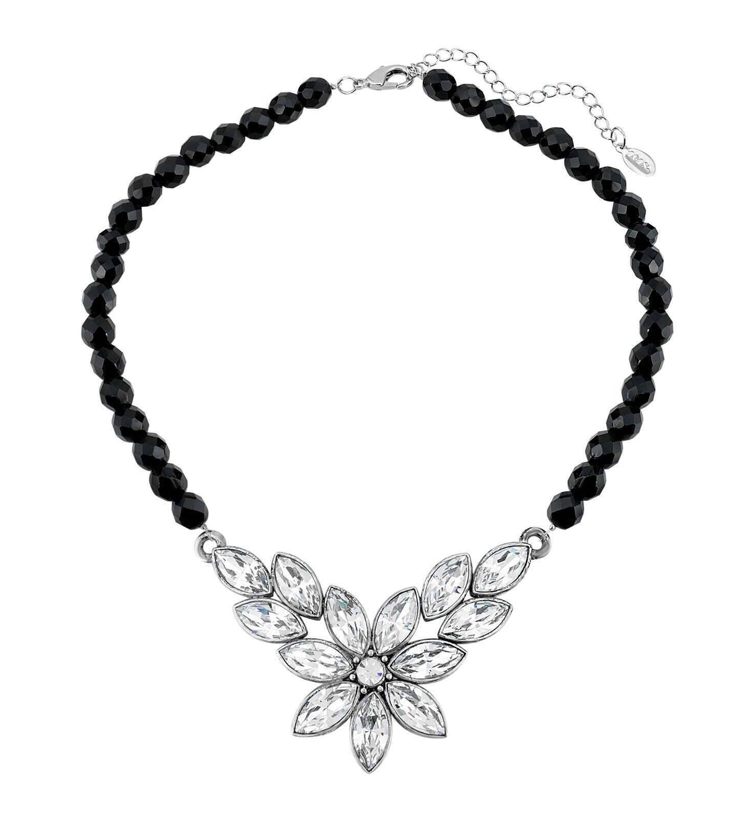 1928 Jewelry Austrian Crystal Flower & Black Glass Beaded Necklace 15 - 18" Adjustable