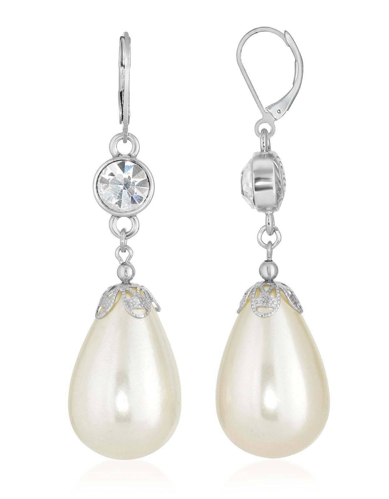 1928 Jewelry Large Teardrop Faux Pearl And Crystal Drop Earrings