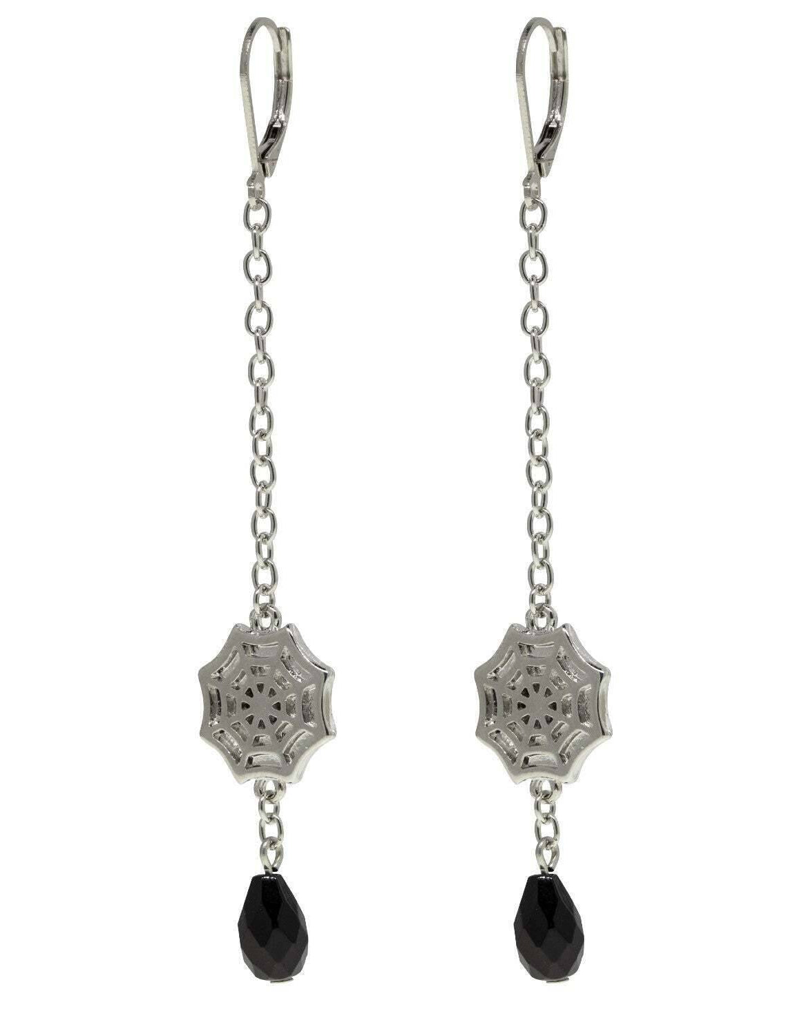 1928 Jewelry Drop Chain Spider Web With Black Bead Earrings