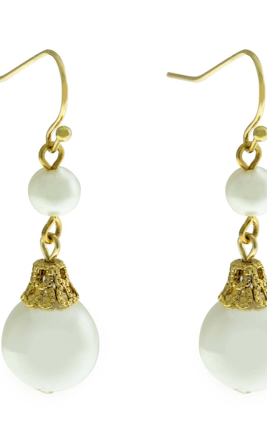 1928 Jewelry Double Faux Pearl Drop Wire Earrings