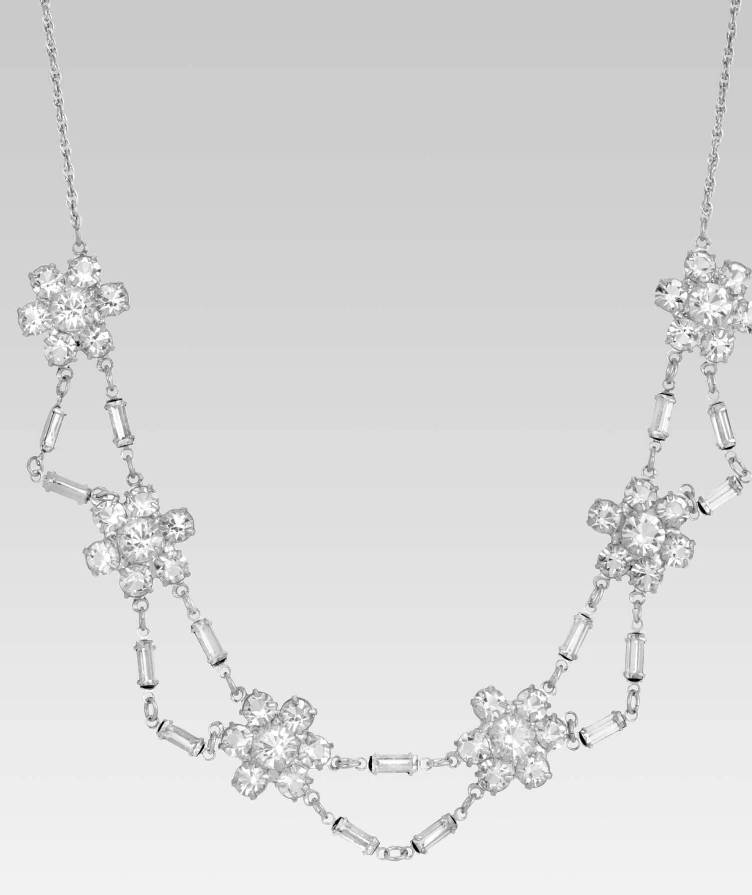 1928 Jewelry Round And Baguette Austrian Crystal Flower Stations Necklace 15.5"