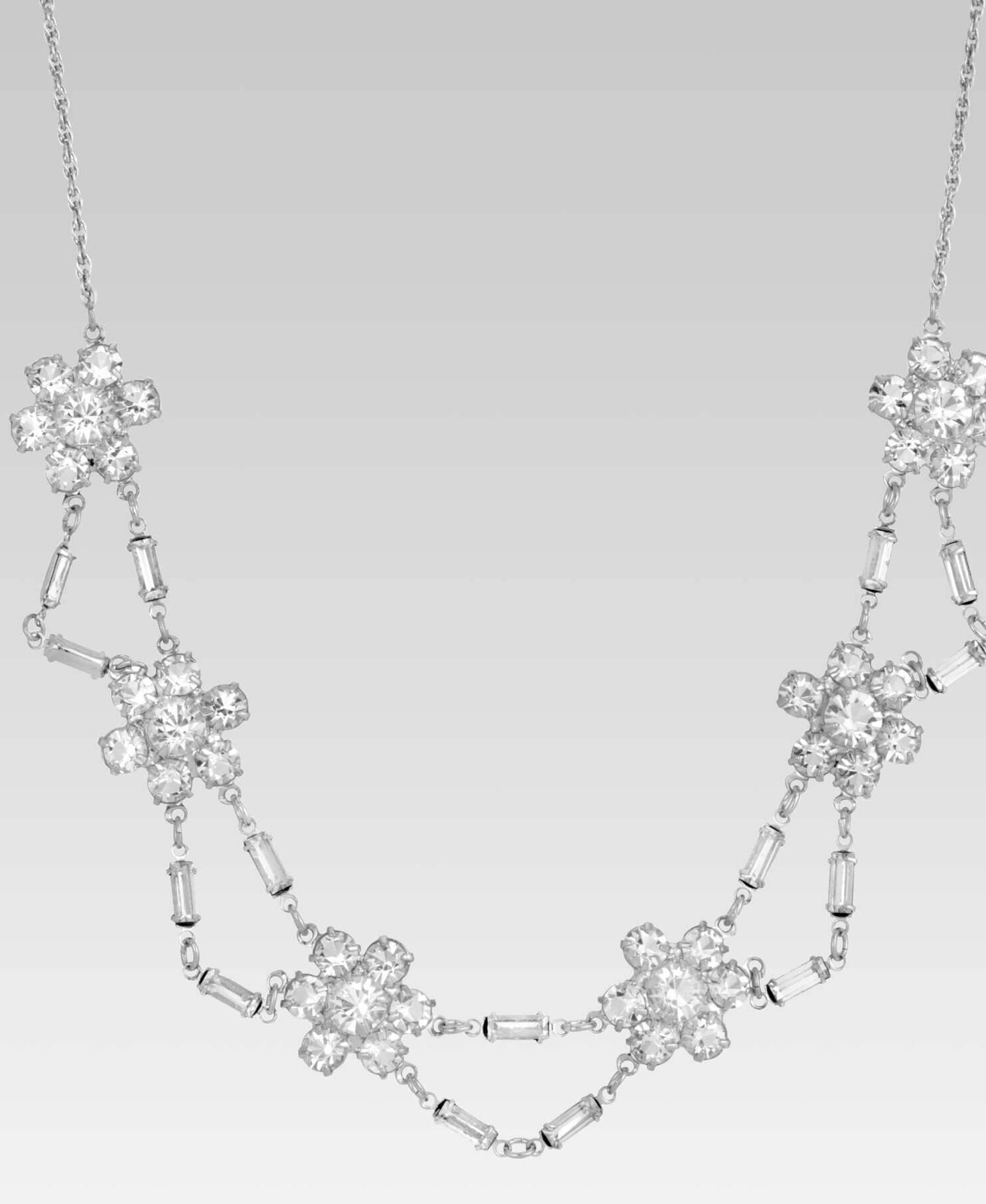 1928 Jewelry Round And Baguette Austrian Crystal Flower Stations Necklace 15.5"