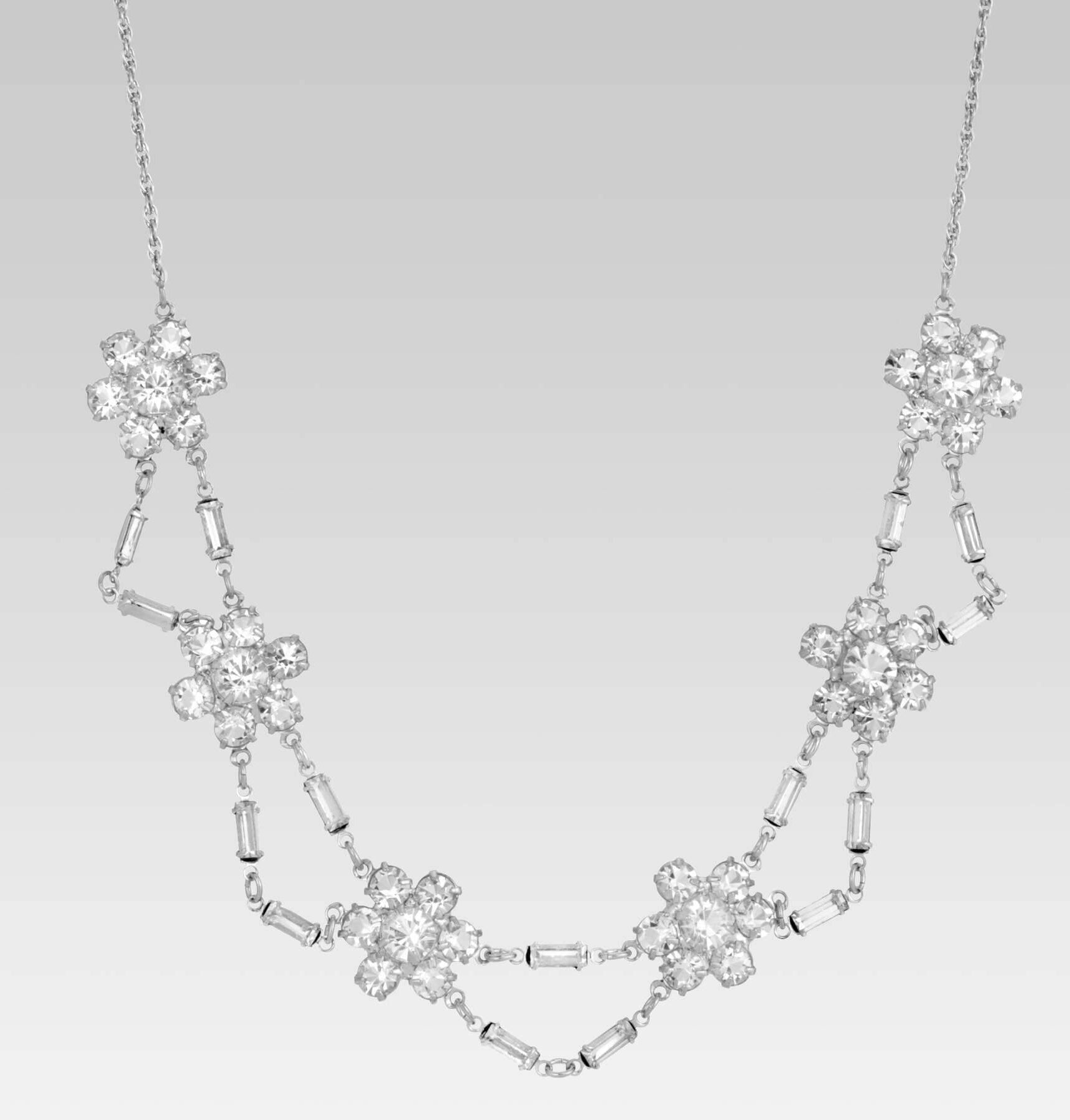 1928 Jewelry Round And Baguette Austrian Crystal Flower Stations Necklace 15.5"