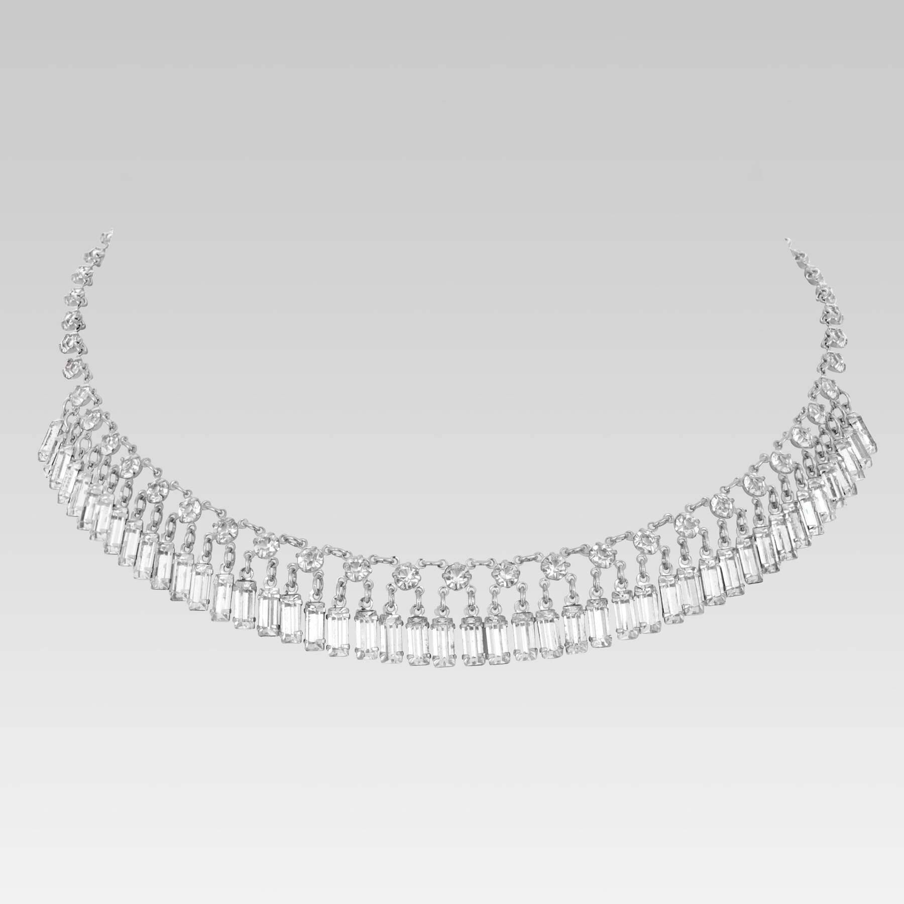 1928 Jewelry Vintage Austrian Crystal Baguette Drop Link Necklace 15"