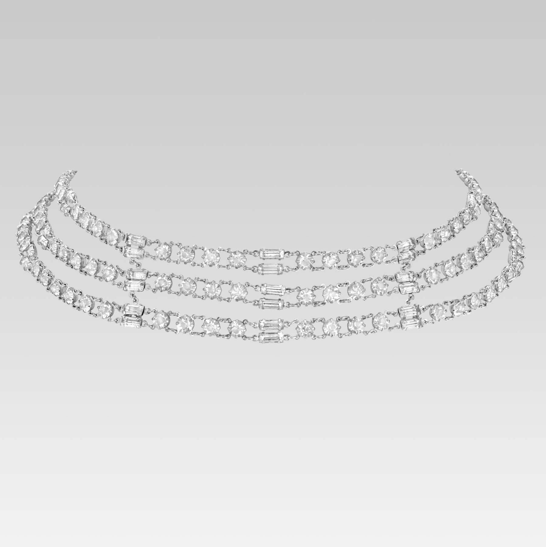 1928 Jewelry Vintage Austrian Crystal Baguette and Round Multi Chain Necklace 16"