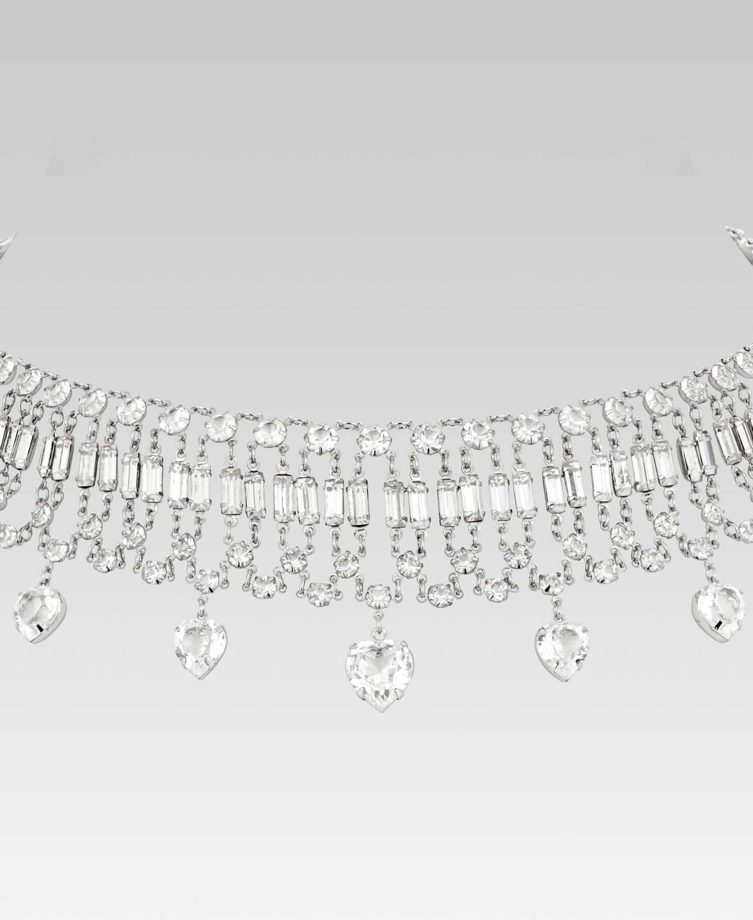 1928 Jewelry Vintage Austrian Crystal Baguette and Heart Drop Necklace 12.5 + 3" Extender