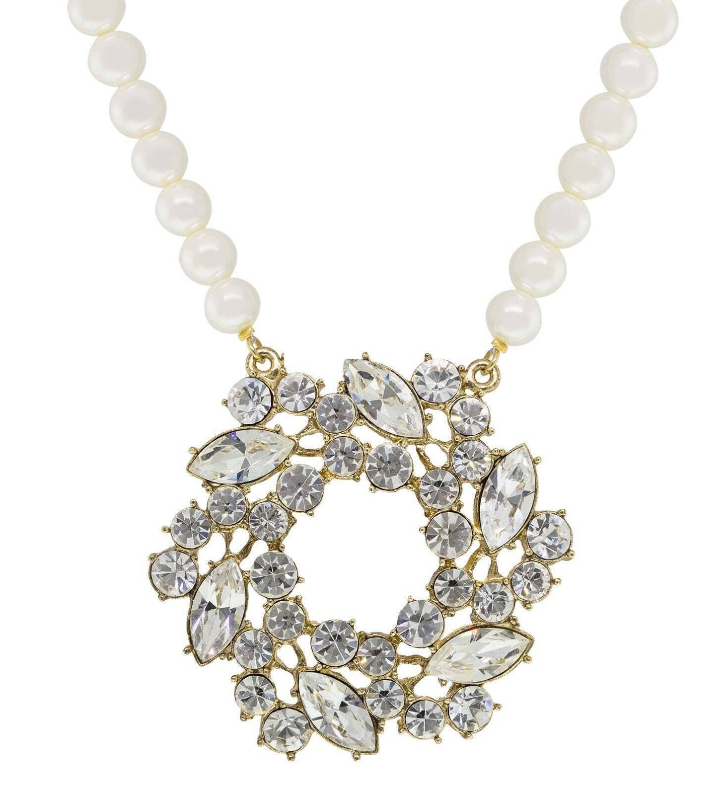 1928 Jewelry Crystal Wreath 8mm Faux Pearl Strand Drop Pendant Necklace 16" + 3" Extender