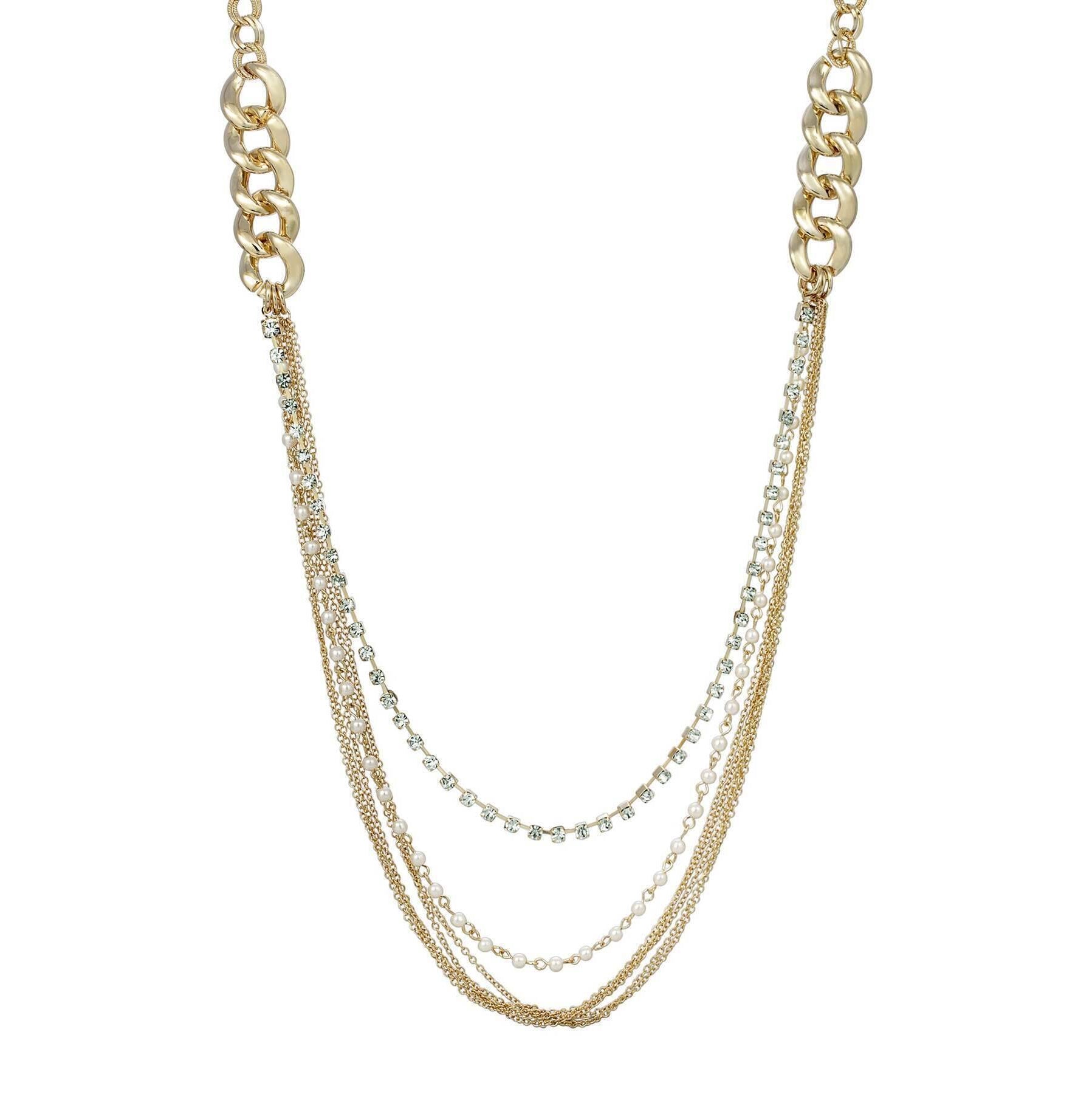 1928 Jewelry Classic Faux Pearl & Crystal Link Chain Necklace 32"