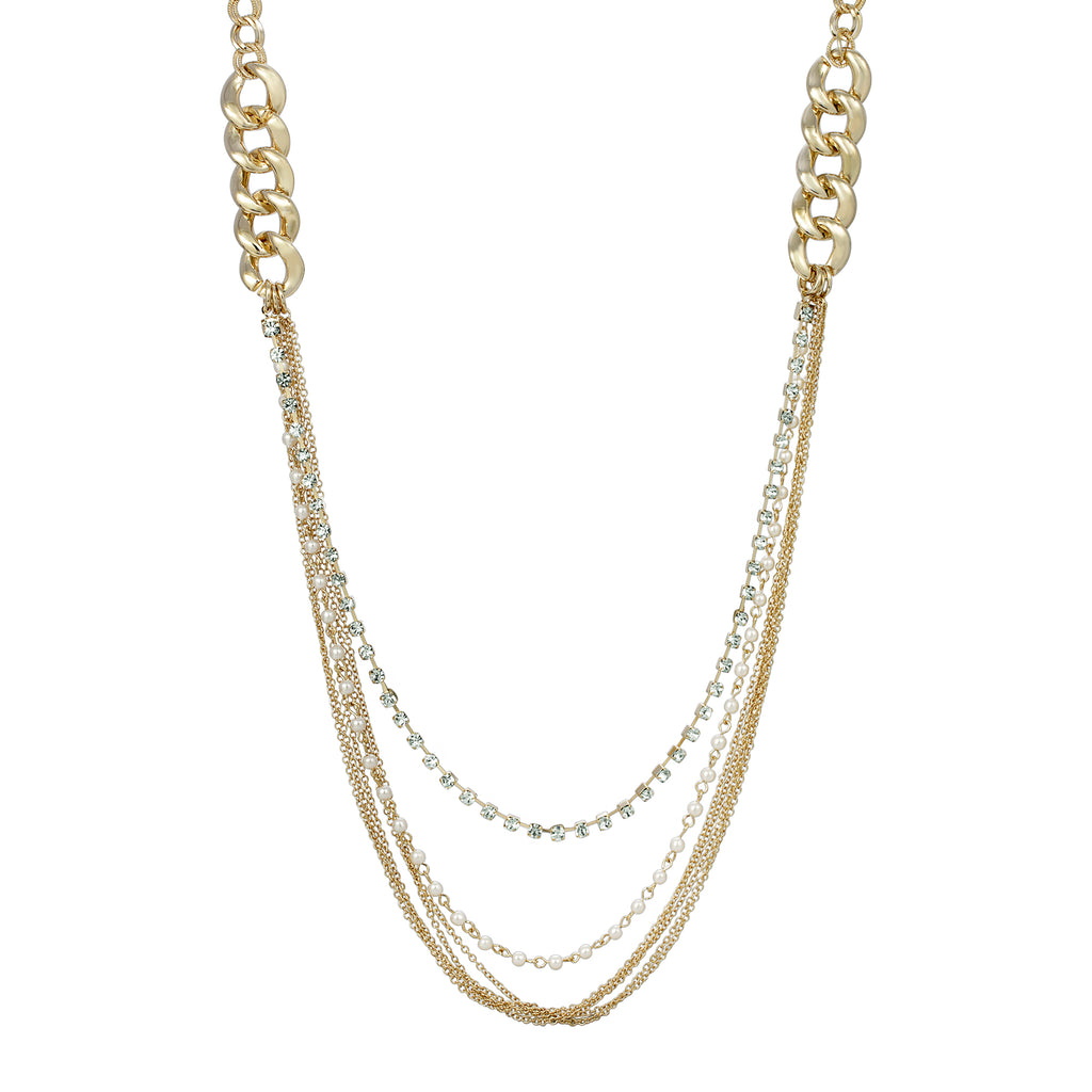 Classic Faux Pearl & Crystal Link Chain Necklace 32"