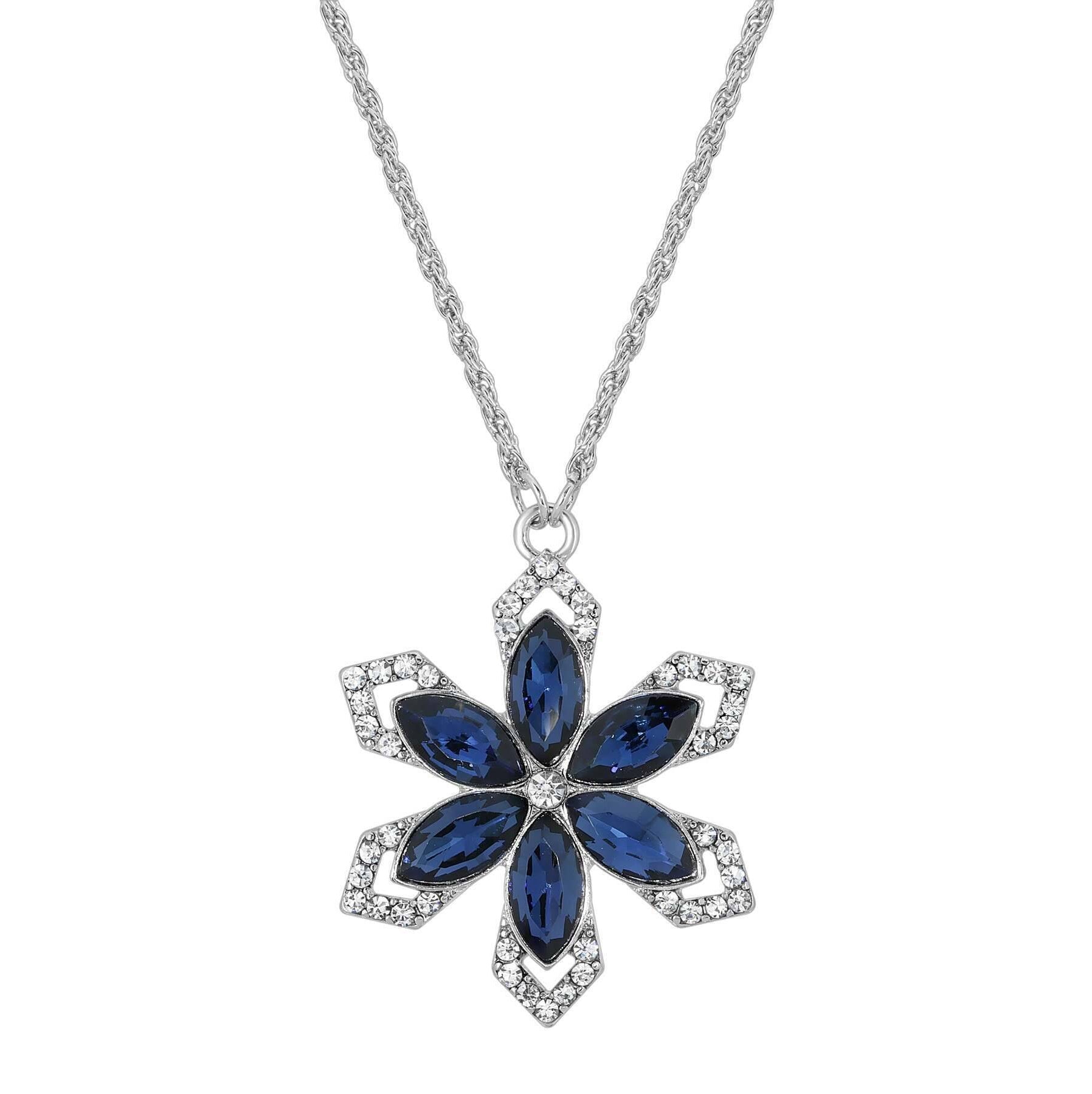 1928 Jewelry Crystal Sapphire Blue Stone Flower Pendant Necklace 16" + 3" Extender