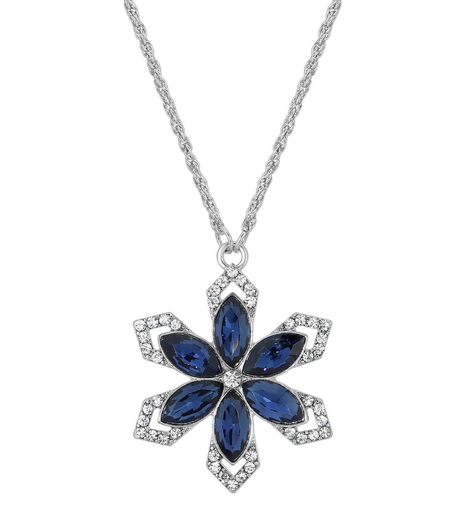 1928 Jewelry Crystal Sapphire Blue Stone Flower Pendant Necklace 16" + 3" Extender