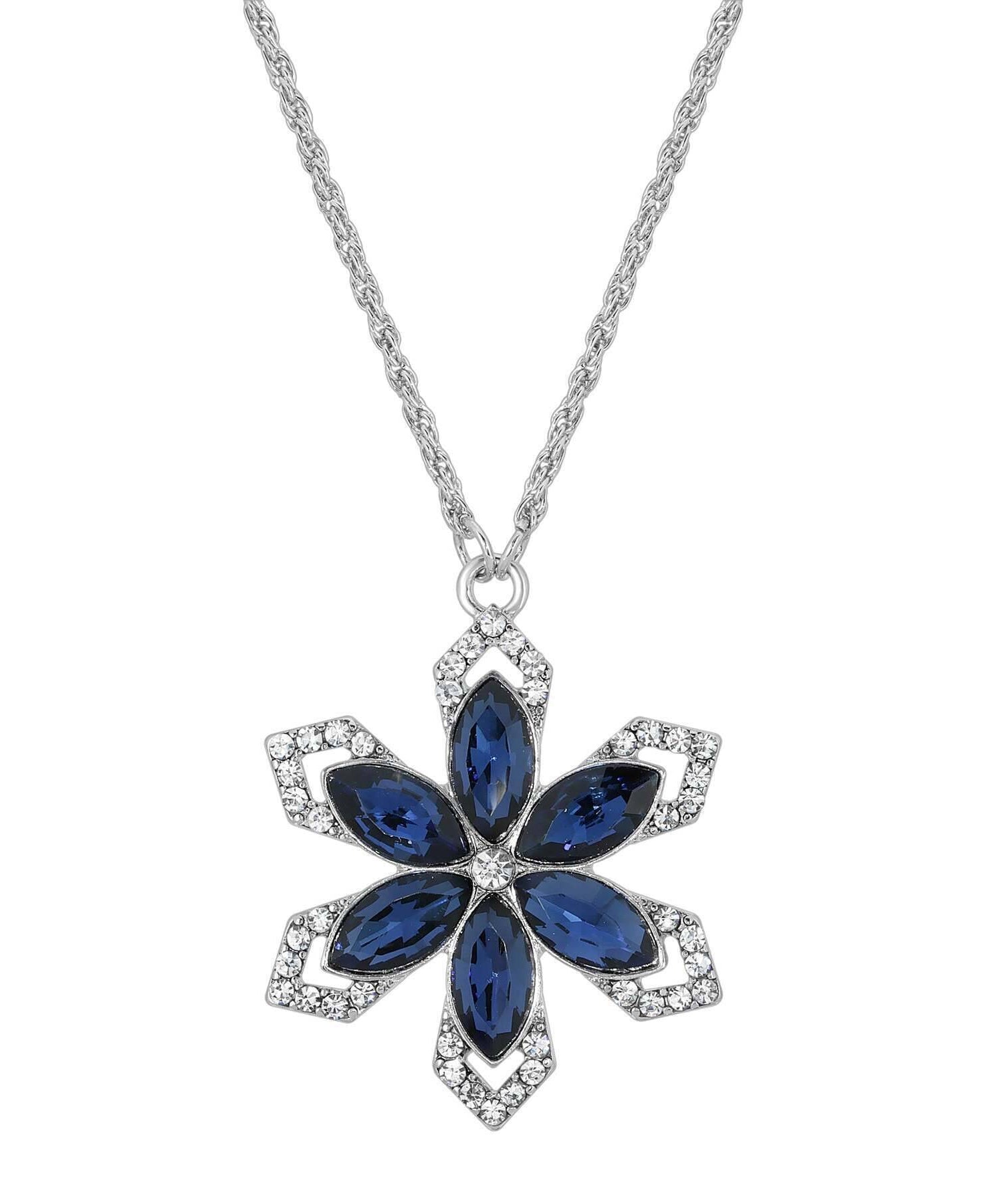 1928 Jewelry Crystal Sapphire Blue Stone Flower Pendant Necklace 16" + 3" Extender