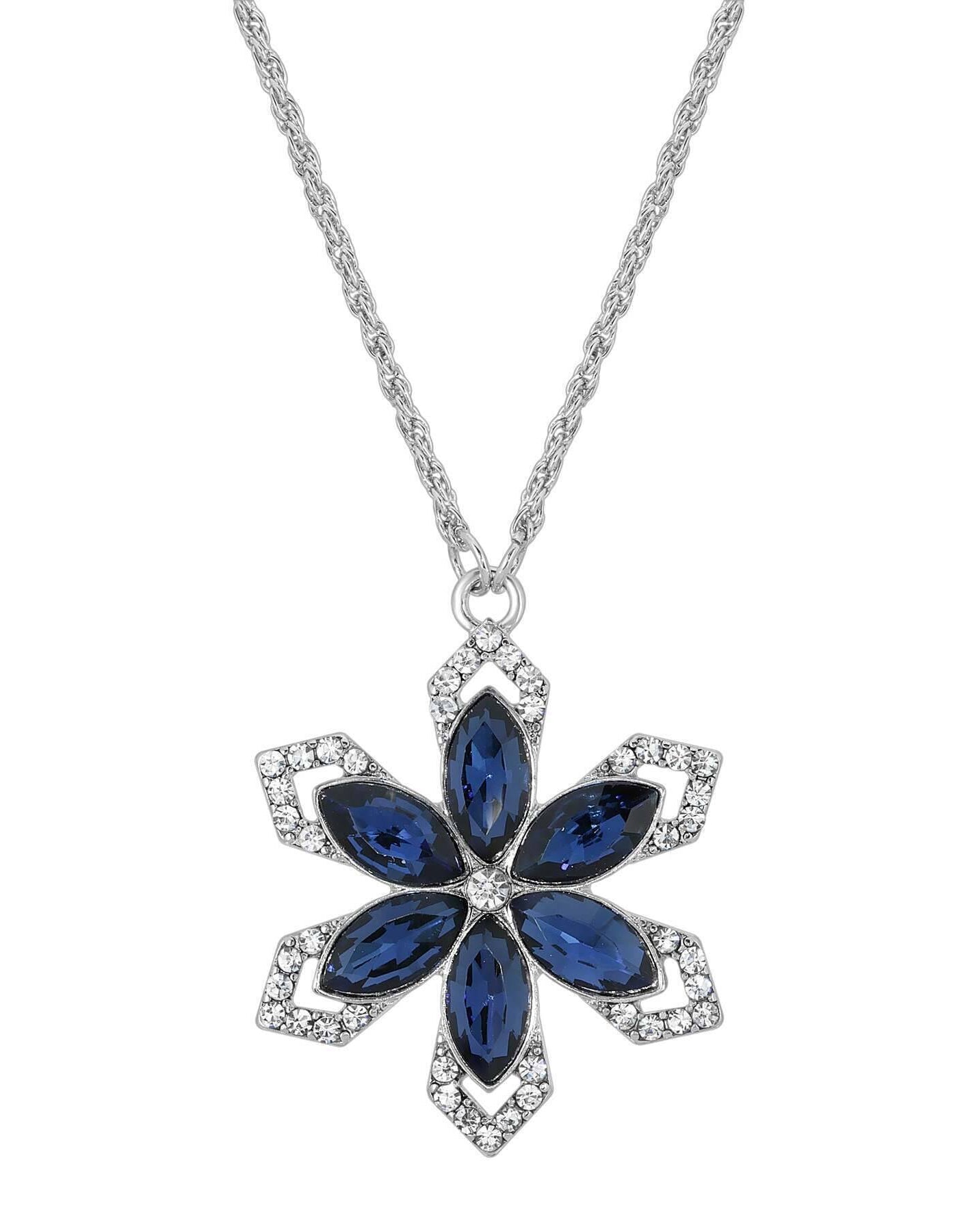1928 Jewelry Crystal Sapphire Blue Stone Flower Pendant Necklace 16" + 3" Extender