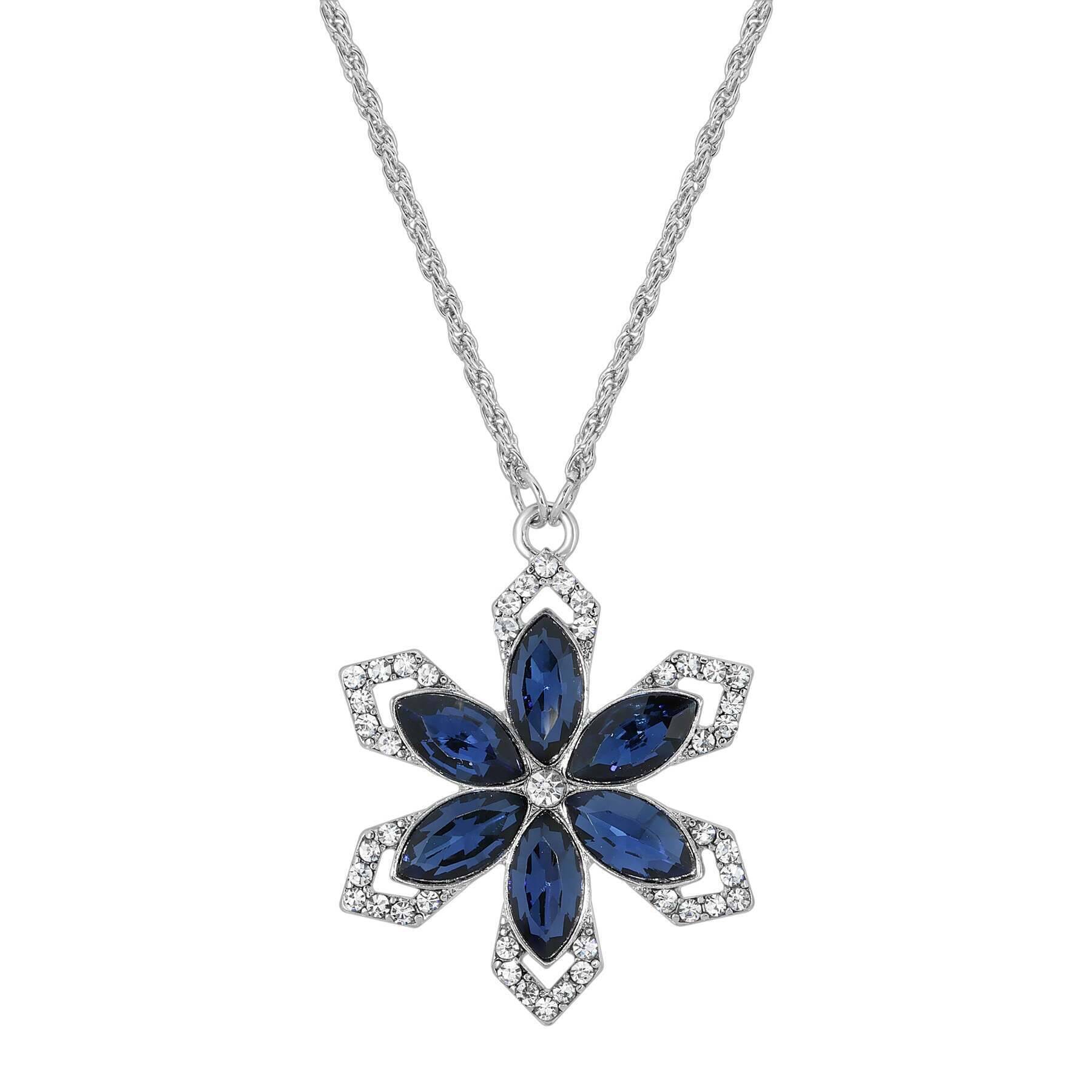 1928 Jewelry Crystal Sapphire Blue Stone Flower Pendant Necklace 16" + 3" Extender