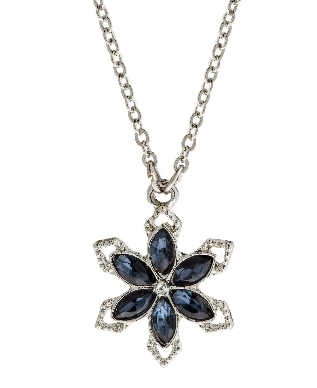 1928 Jewelry Crystal Sapphire Color Stone Floral Necklace 16" + 3" Extender
