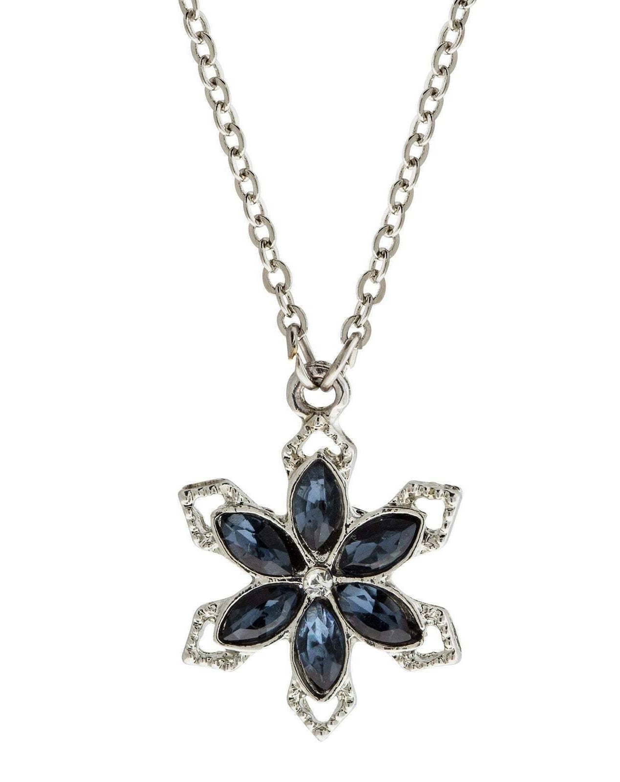 1928 Jewelry Crystal Sapphire Color Stone Floral Necklace 16" + 3" Extender