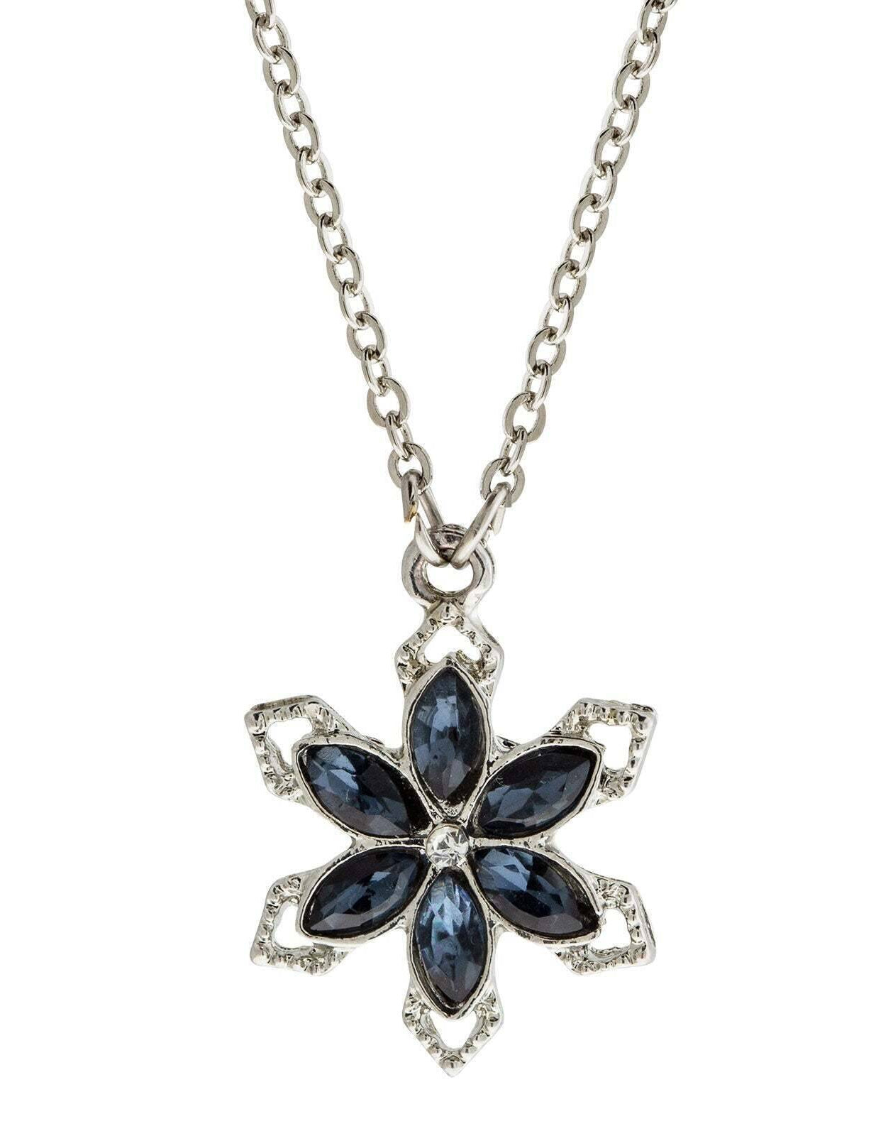 1928 Jewelry Crystal Sapphire Color Stone Floral Necklace 16" + 3" Extender