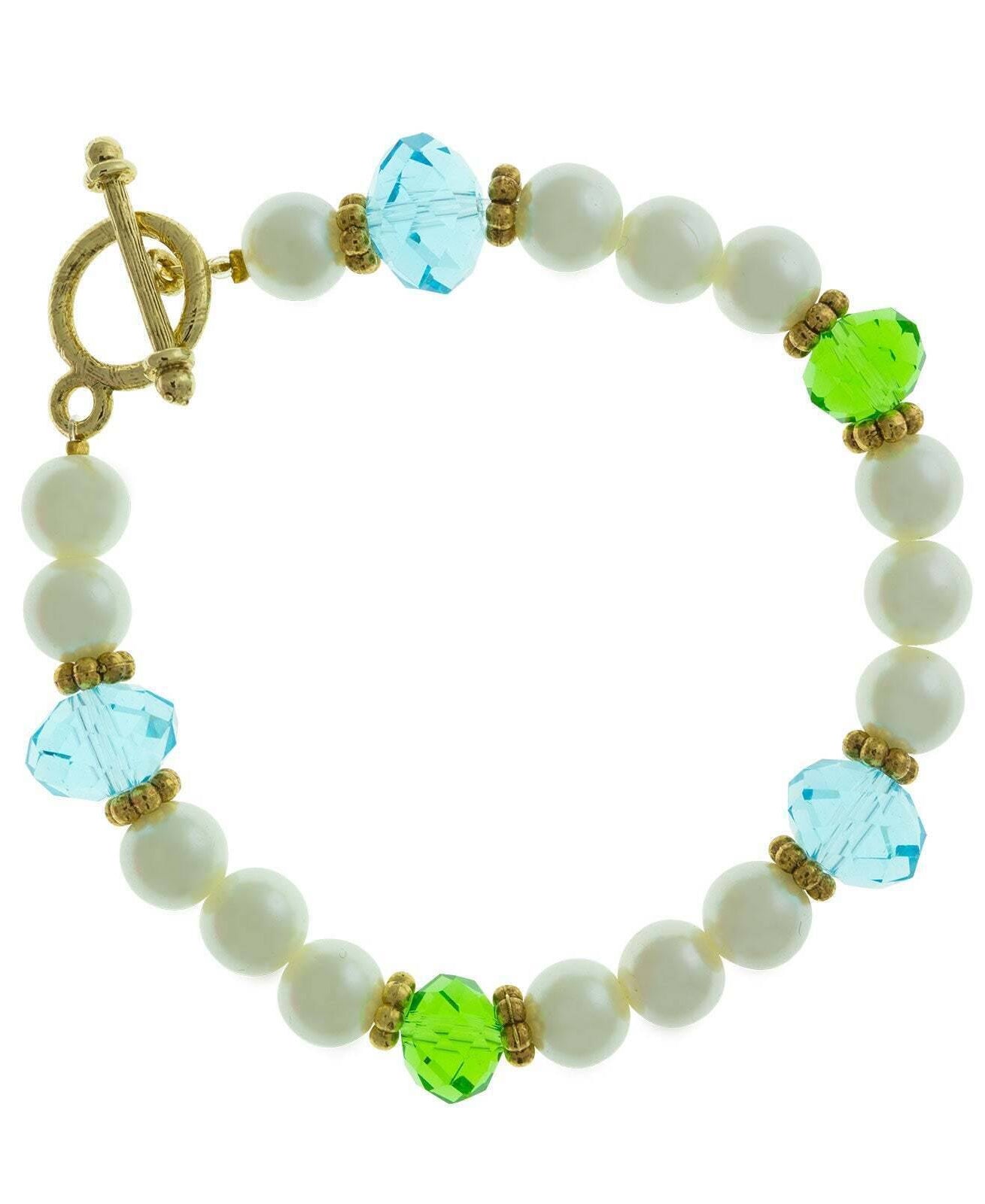 1928 Jewelry Faux Pearl Aqua And Green Bead Toggle Bracelet
