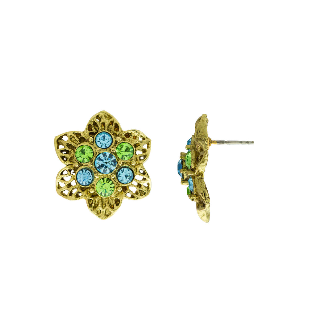 Gold Tone Aqua And Green Crystals Flower Stud Earrings