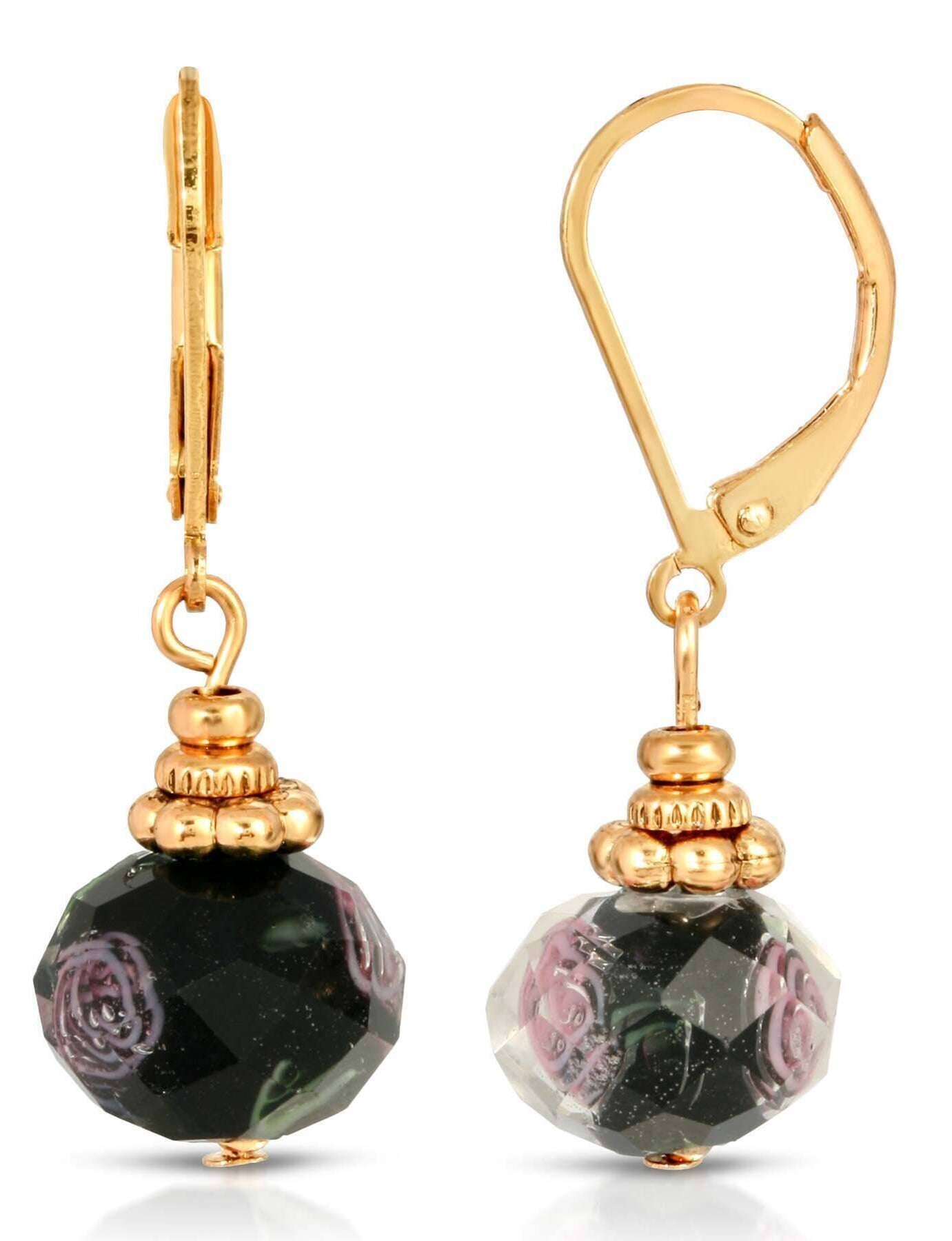 1928 Jewelry Black Bead Pink Bel Fiore Motif Earrings