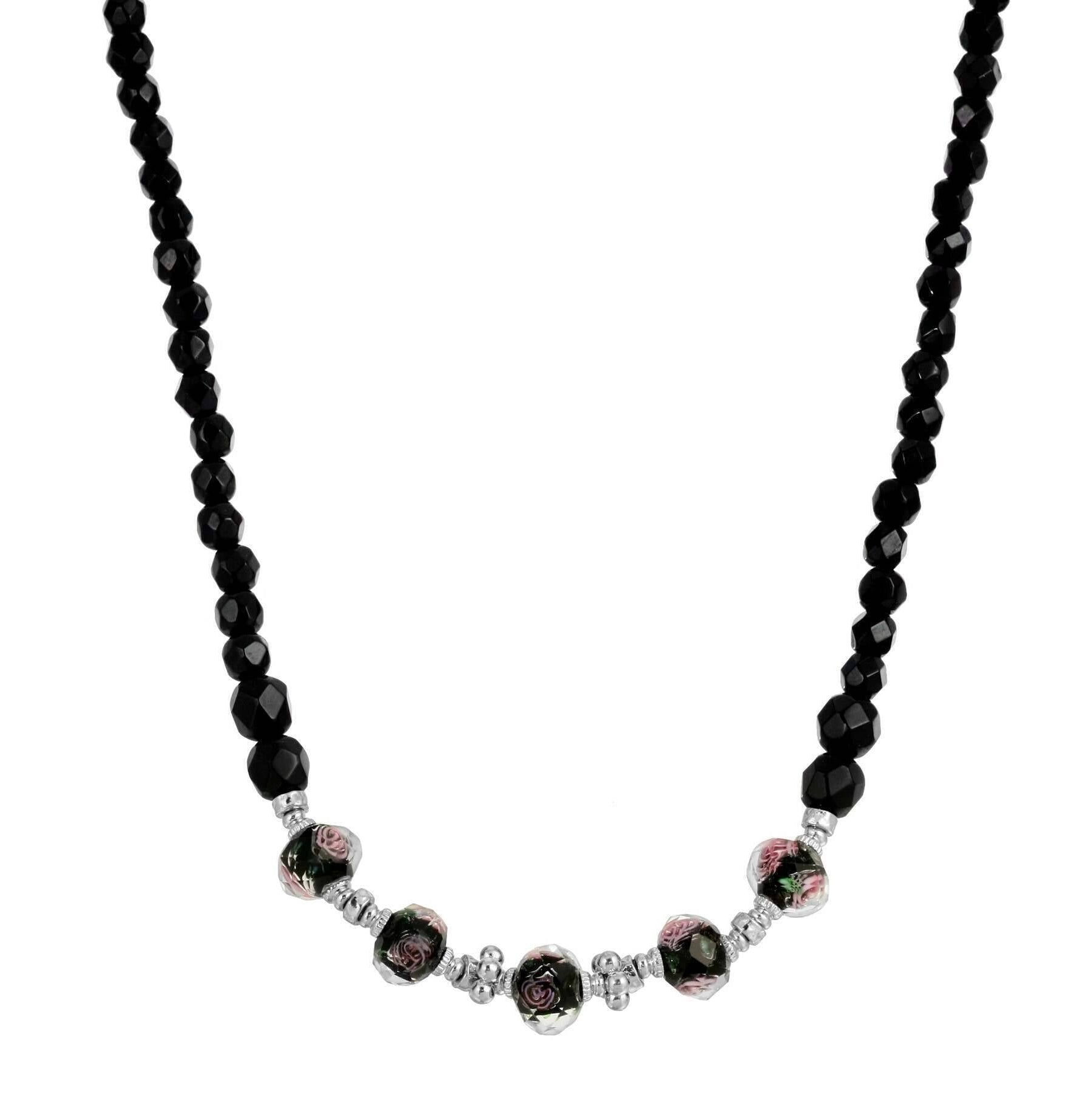 1928 Jewelry Black Floral Beaded Necklace 15" + 3" Extender