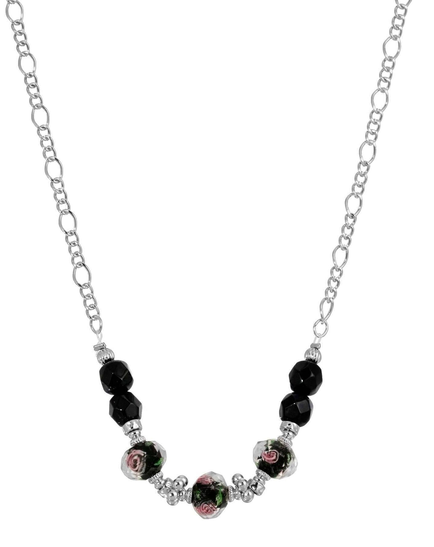 1928 Jewelry Black Floral Beaded Necklace 16"