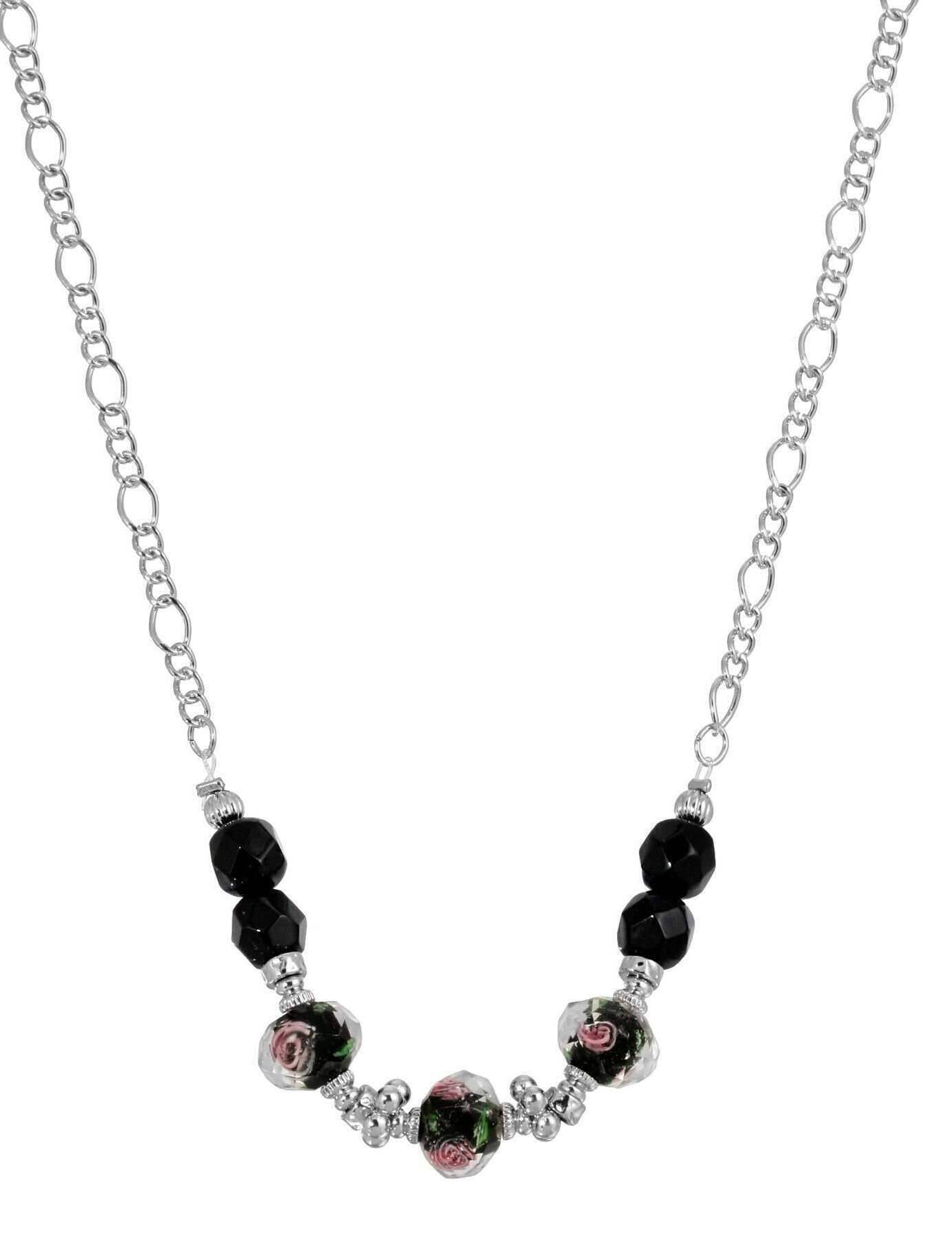 1928 Jewelry Black Floral Beaded Necklace 16"