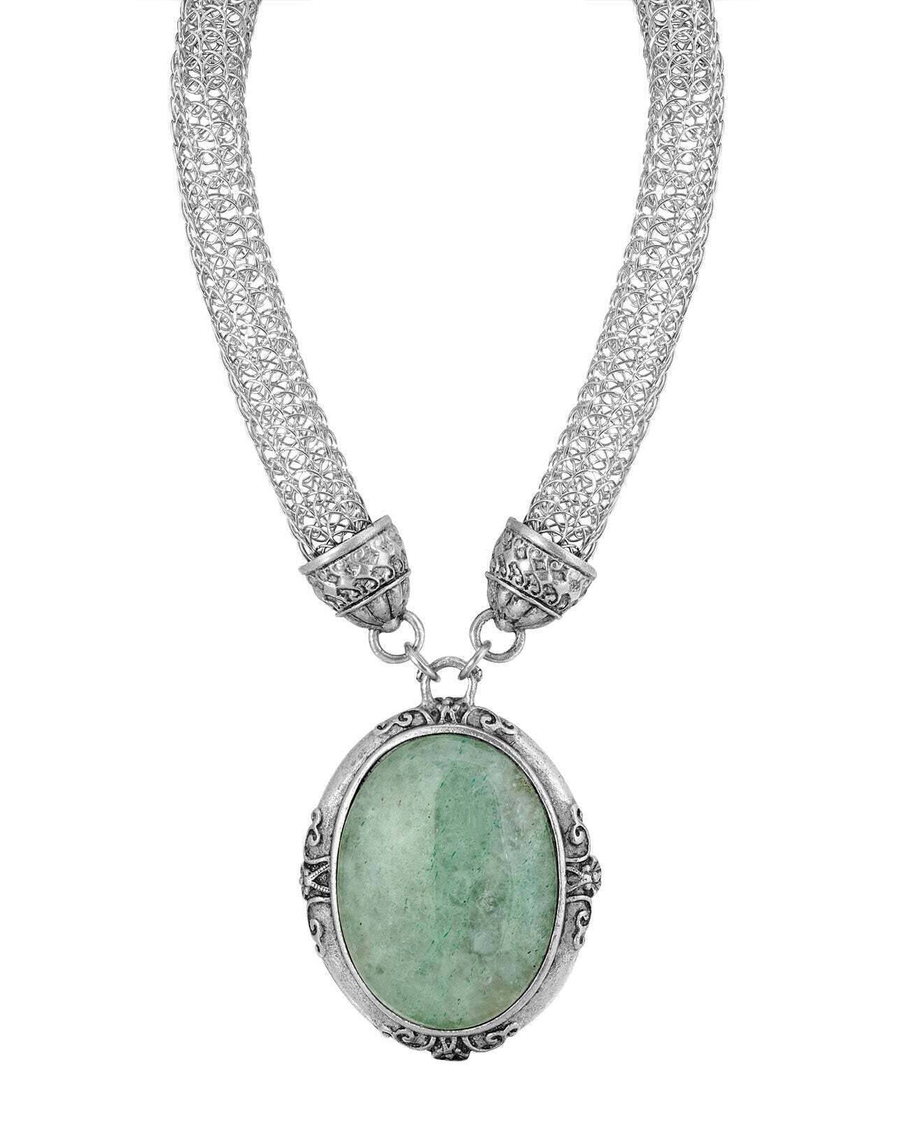 1928 Jewelry Signature Gemstone Oval Pendant Mesh Tube Chain Necklace 18"