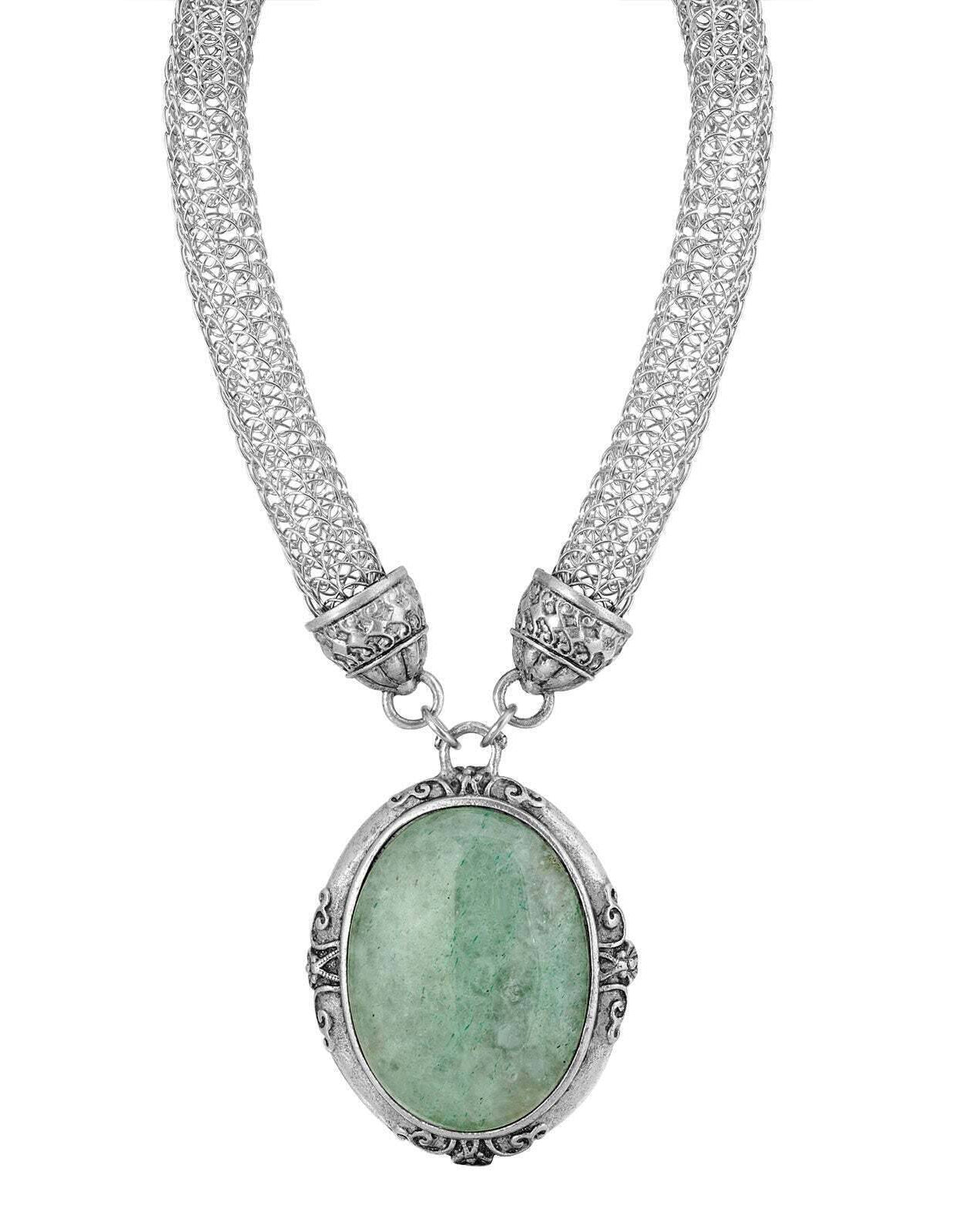 1928 Jewelry Signature Gemstone Oval Pendant Mesh Tube Chain Necklace 18"