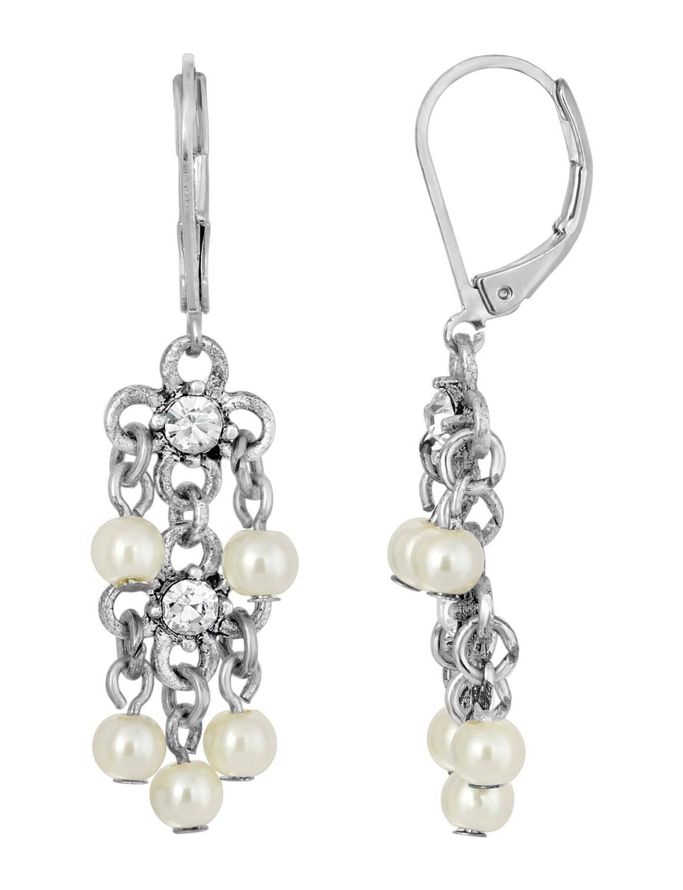 1928 Jewelry White Faux Pearl Crystal Accent Linear Earrings