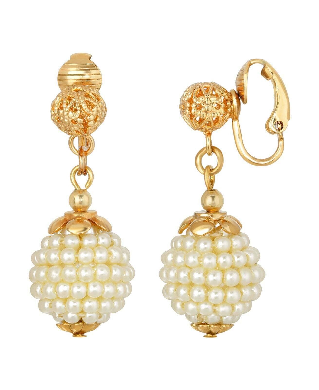 1928 Jewelry Filigree Ball & Embossed Faux Pearl Bead Drop Clip On Earrings