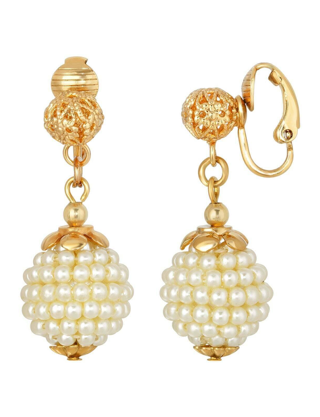 1928 Jewelry Filigree Ball & Embossed Faux Pearl Bead Drop Clip On Earrings